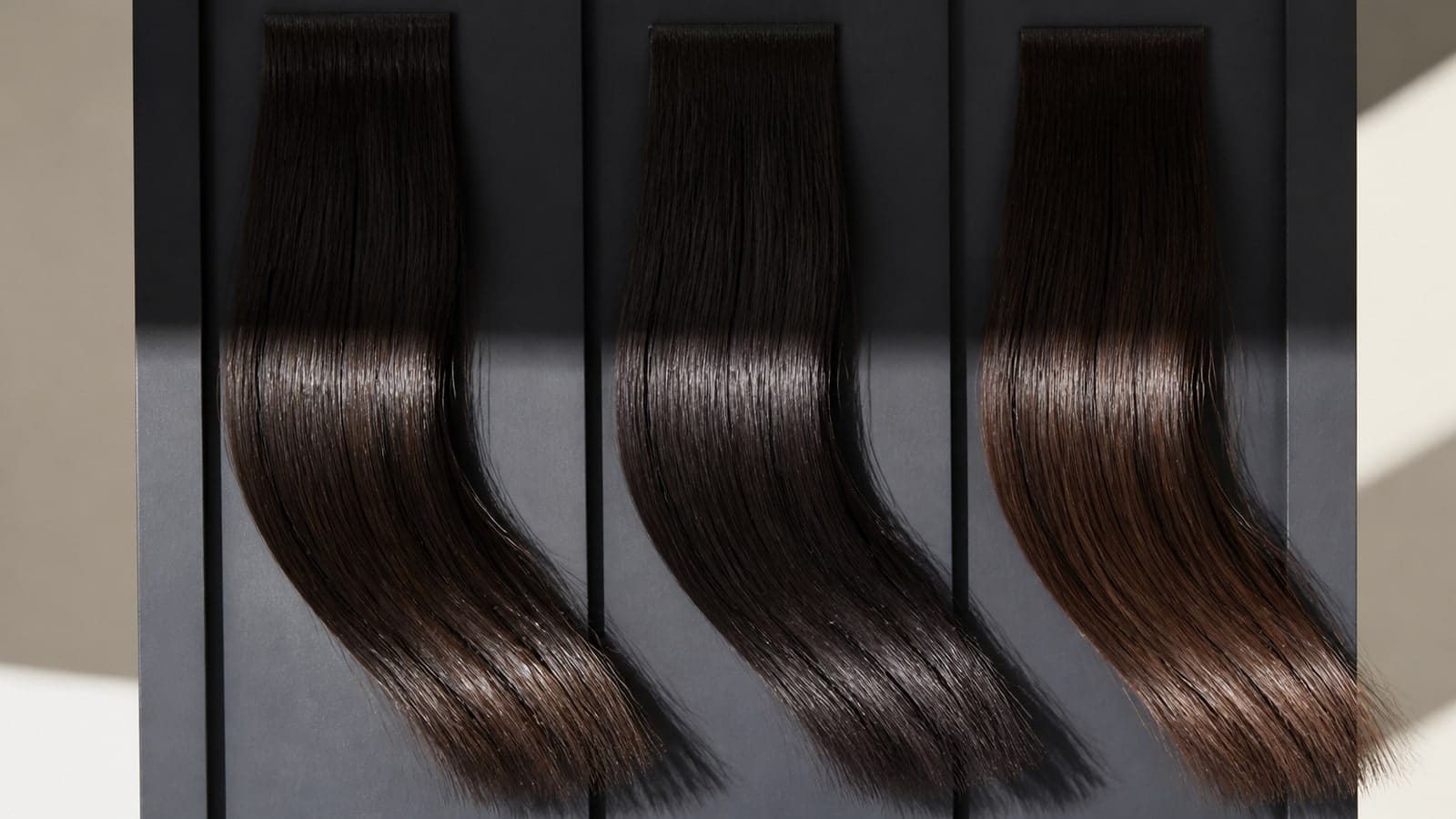 Three equal-depth brunette hair sections under one daylight beam showing clear cool-neutral espresso, restrained true-cool charcoal espresso, and warm-clear chestnut reflections