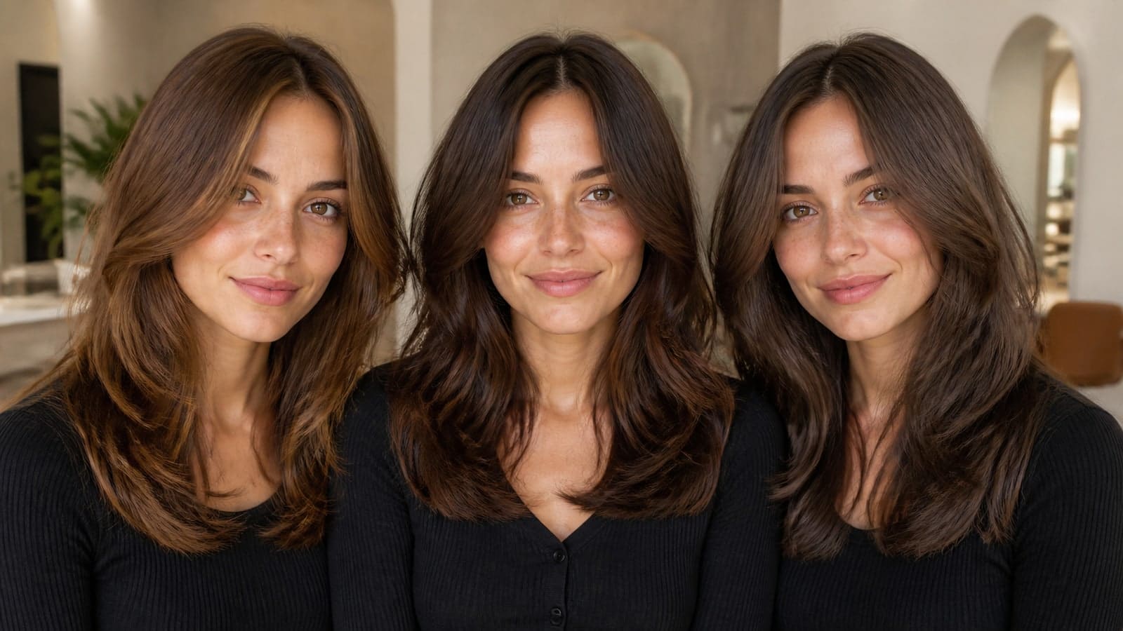 The same woman three times at similar brunette depth with warm chestnut, balanced chocolate, and cool mushroom reflections