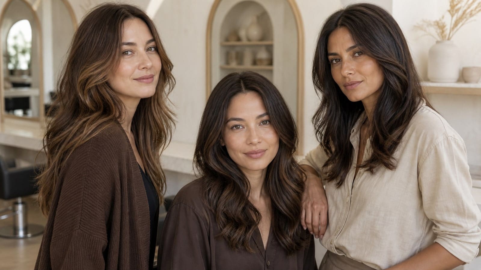 Three women in a salon with light chestnut, medium chocolate, and deep espresso brunette hair