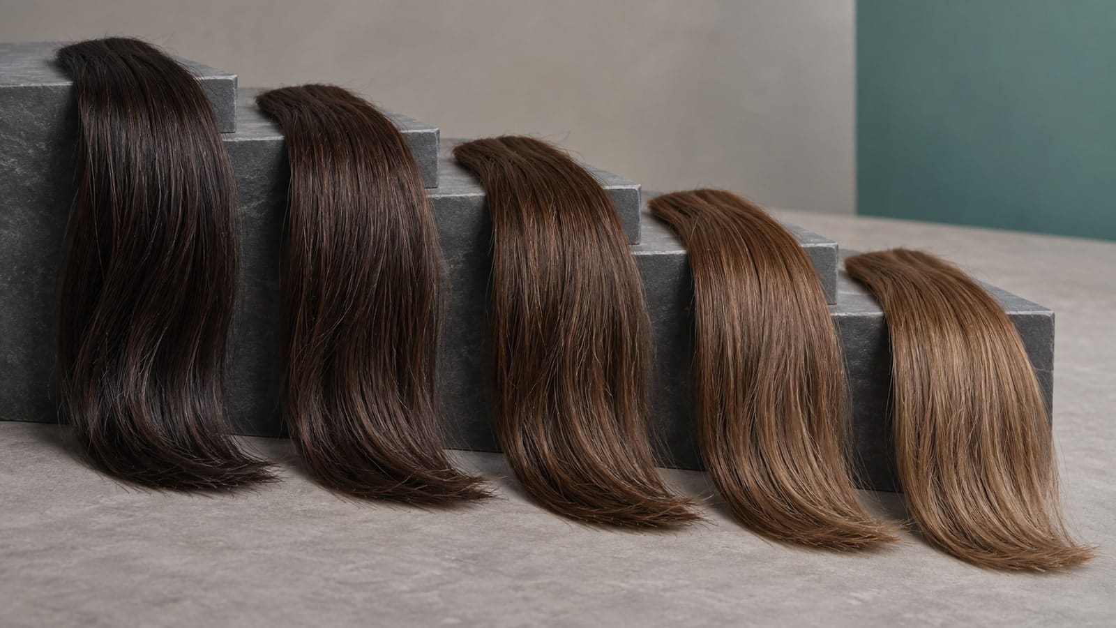 Five realistic brown hair swatches arranged from near-black darkest brown through espresso, chocolate, chestnut, and light natural brown