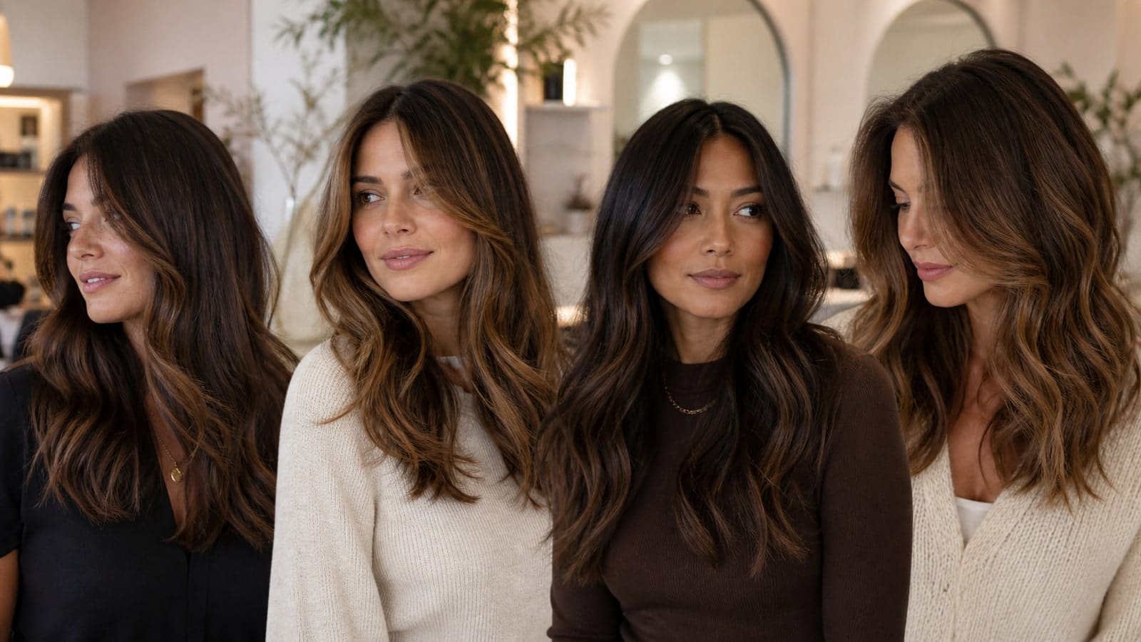 Four women with fine brunette ribbons, caramel face framing, deep mocha gloss, and broader warm dimension