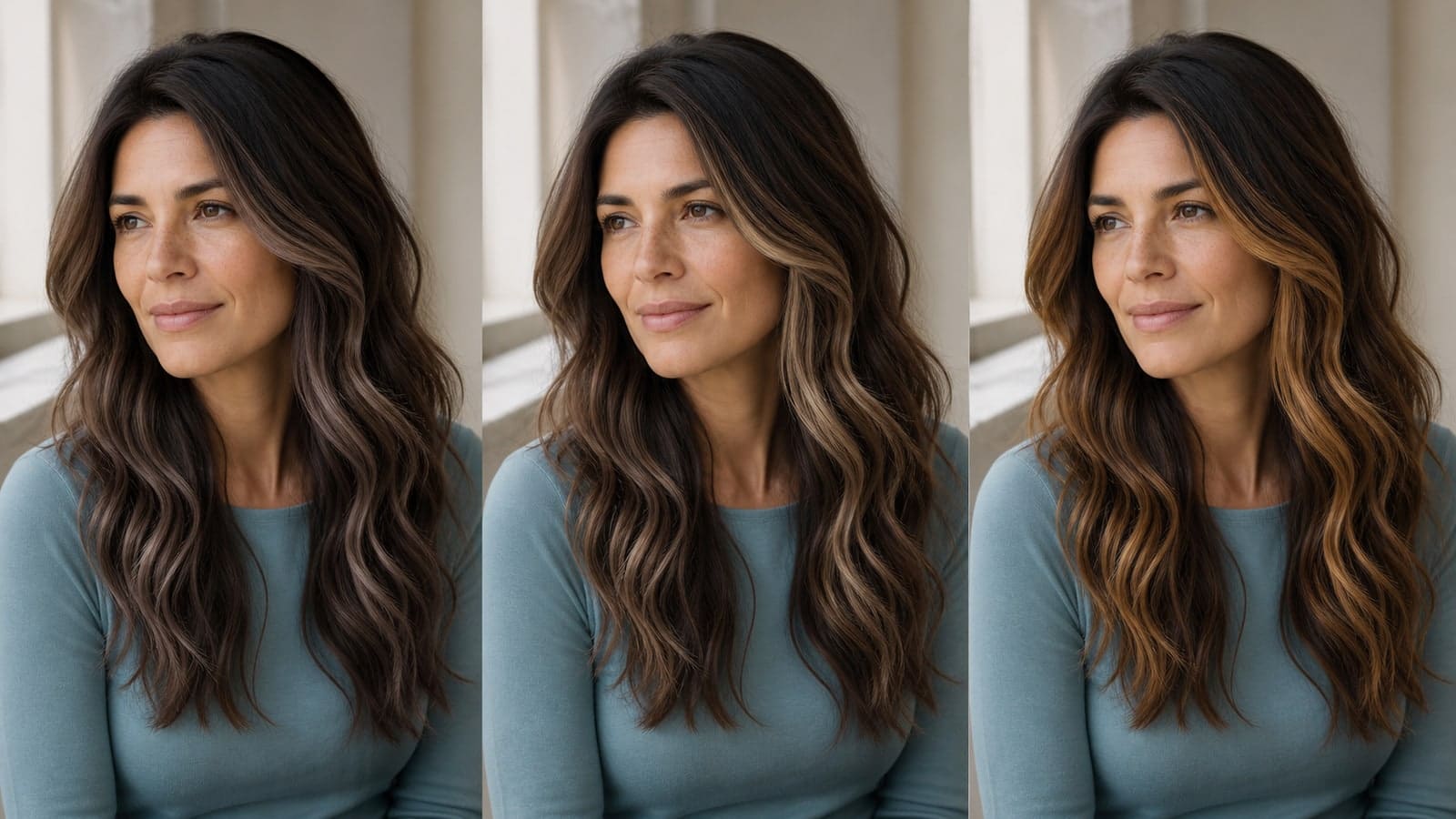 The same woman appears in three matched views with cool mushroom, neutral beige, and warm caramel balayage over identical brunette roots