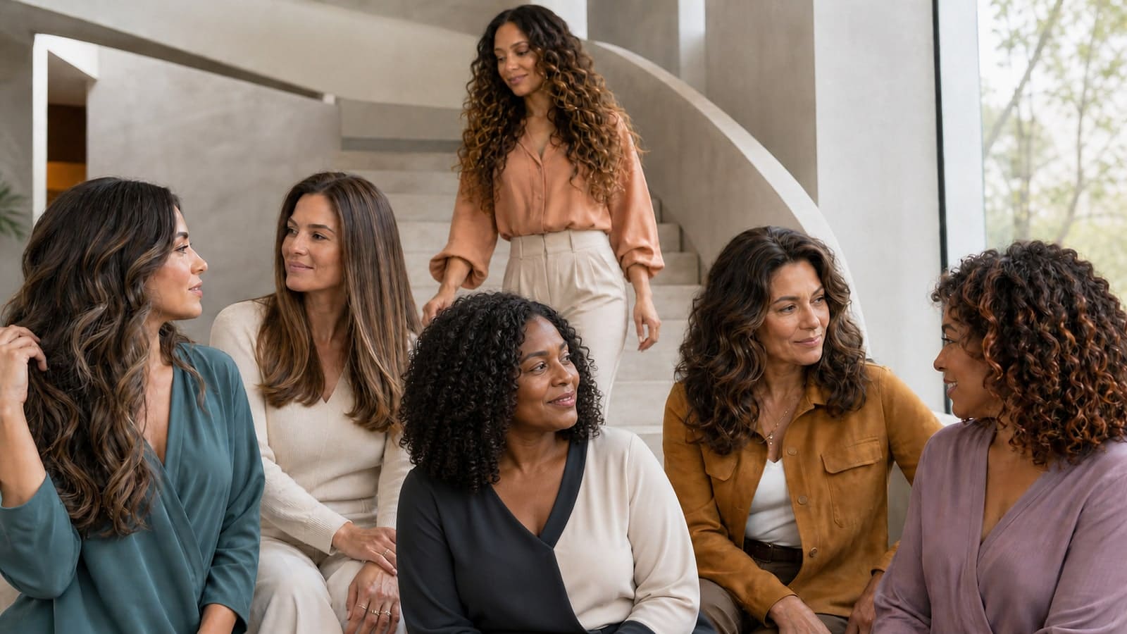 Six adult women show mushroom, beige, caramel, chestnut, copper-brown, and subtle espresso balayage while retaining visible brunette roots