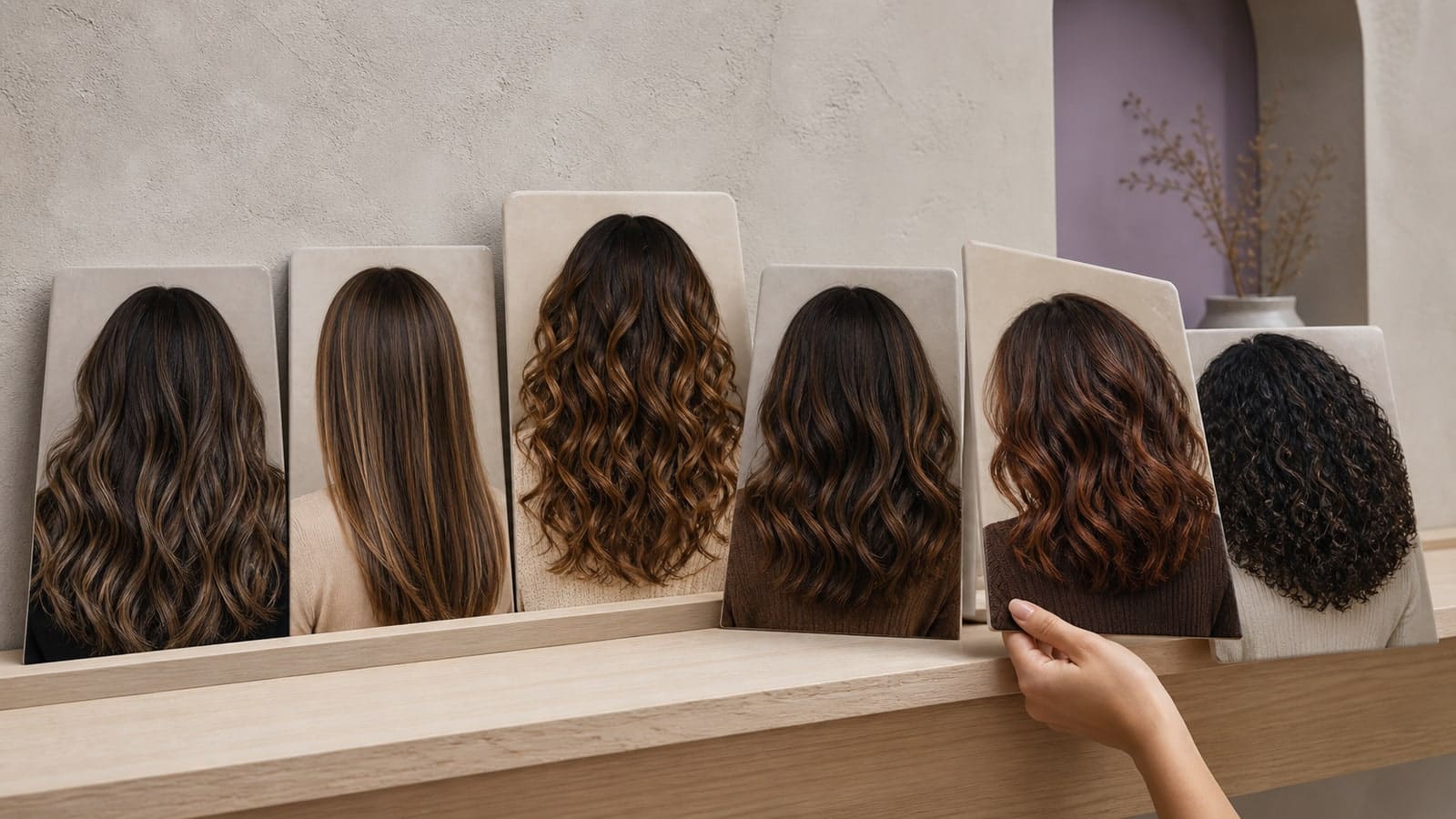 Three distinct brunette placements show narrow mushroom ribbons, balanced caramel dimension, and bold copper-brown face framing with roots visible