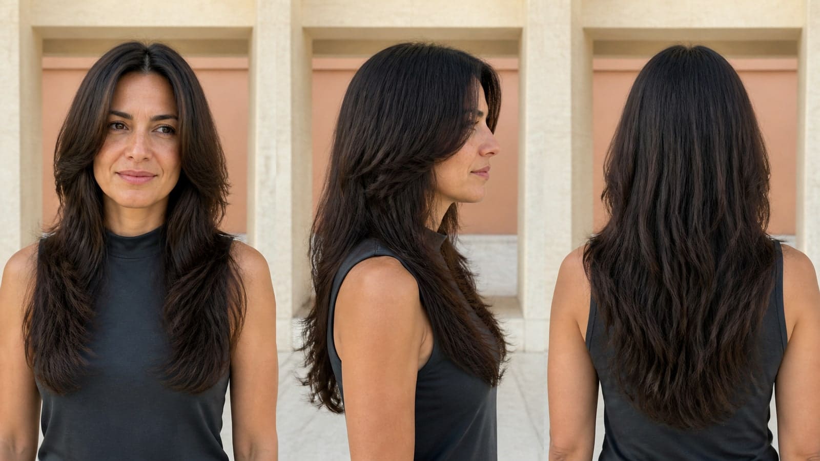 Front, profile, and back views of long dark-brown butterfly layers with cheekbone face framing, a full chest-length perimeter, center part, and upper volume