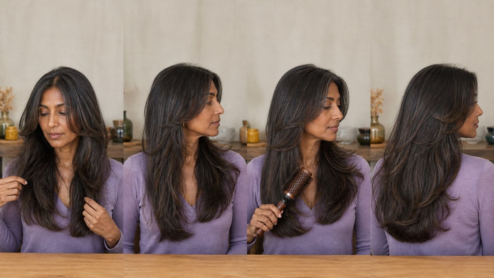 Front, profile, and back study of the same dark-haired butterfly cut shown air-dried and with a rounded blowout, with chin-length face framing and a full chest-length perimeter