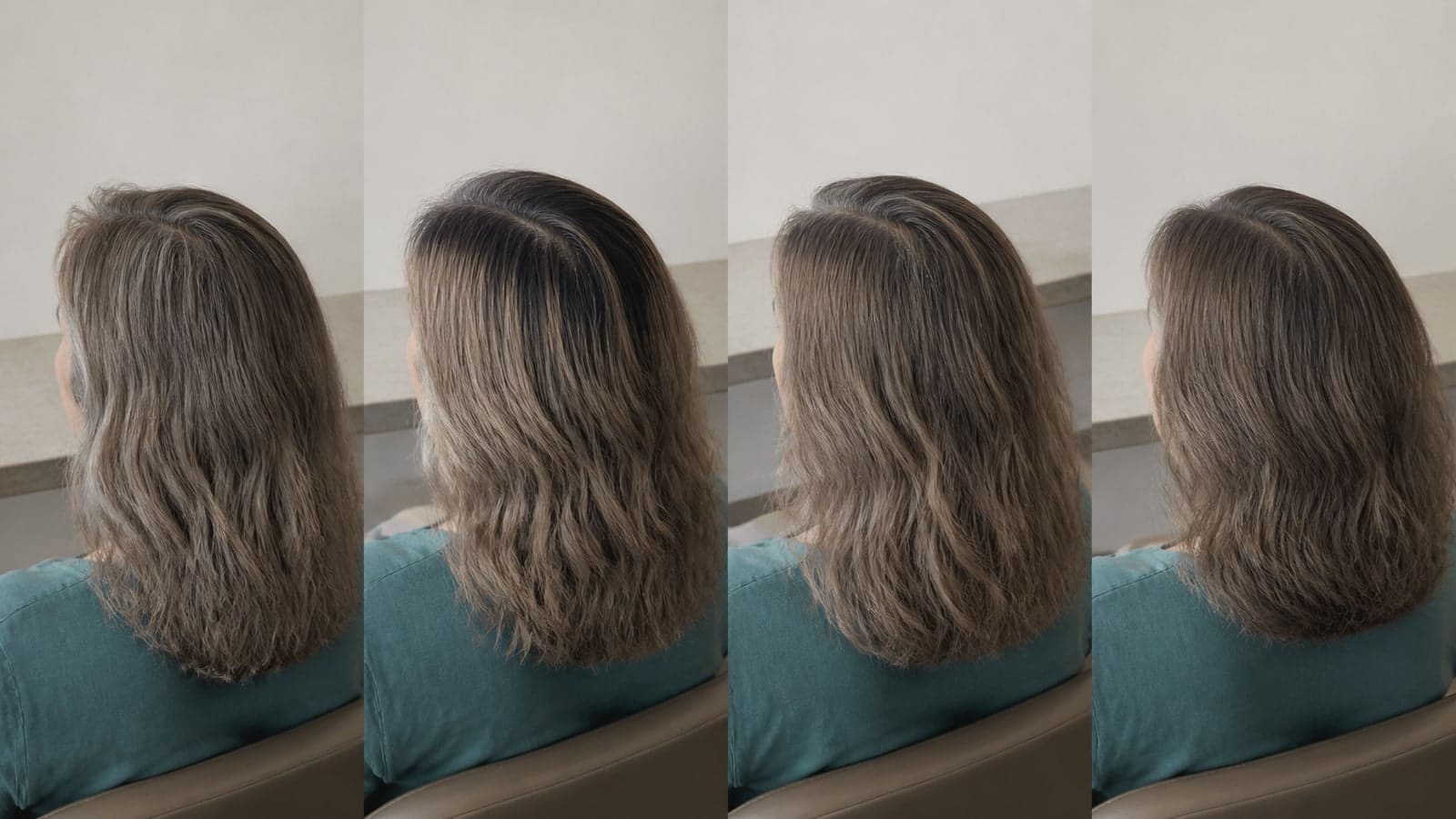 Four close hair studies showing a soft cool root transition, stronger dark-root contrast, faded beige lengths, and refreshed taupe-cocoa dimension under matched daylight