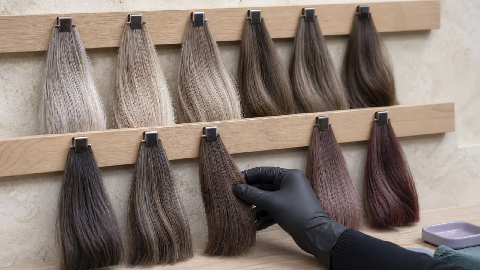 Eleven cool hair-color swatches arranged from ash and beige blonde through taupe, cocoa, smoky brunette, muted rose-brown, and softly highlighted directions