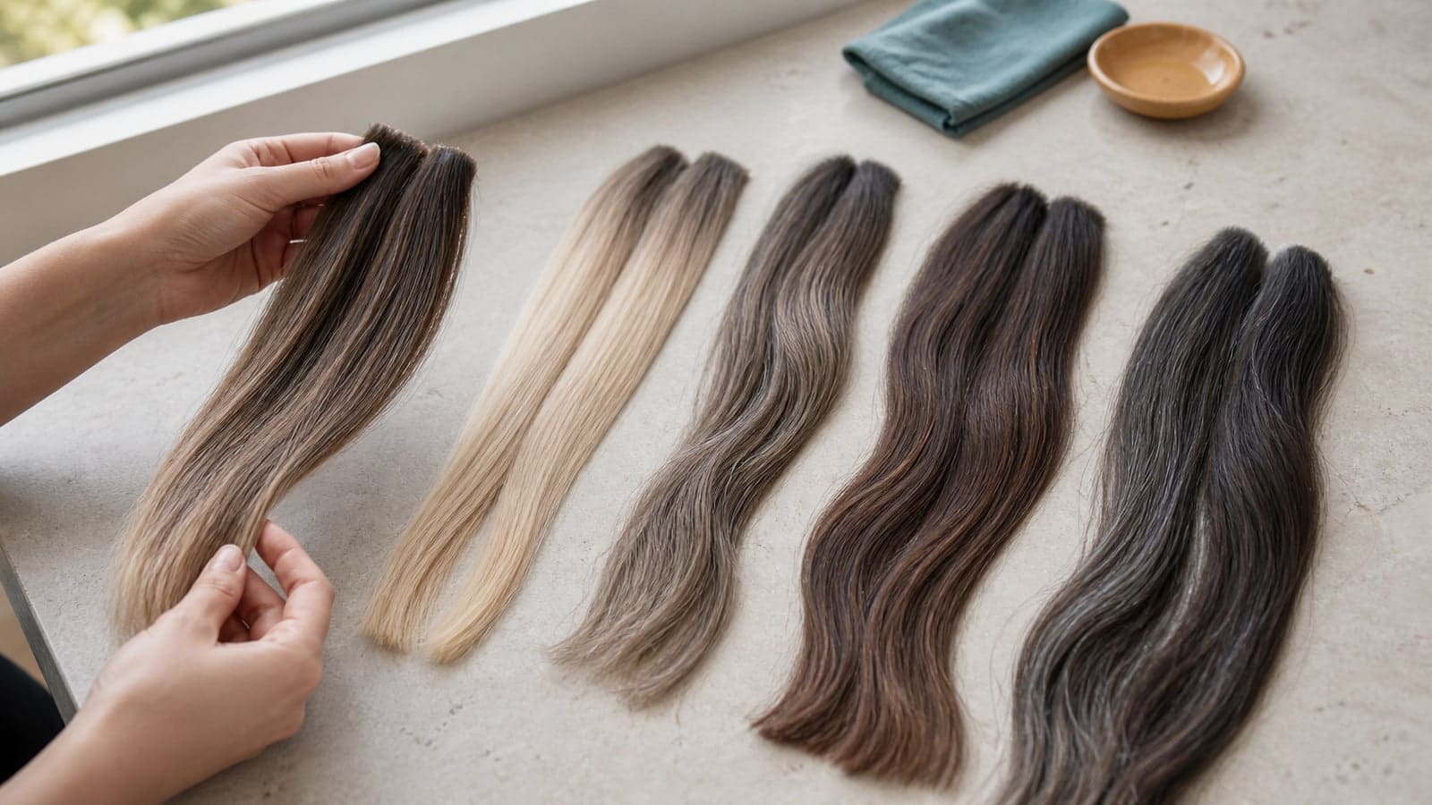 Colorist examines several natural-base hair sections from light blonde through deeper brunette, with visible roots, previous color, cool target reflections, and gray strands