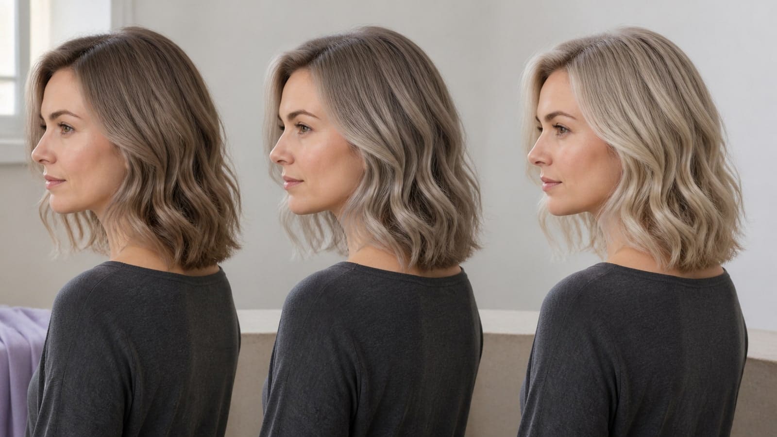Controlled three-direction hair study comparing cool-led Cool Summer, softer taupe Soft Summer, and lighter pearl-beige Light Summer under matched neutral light