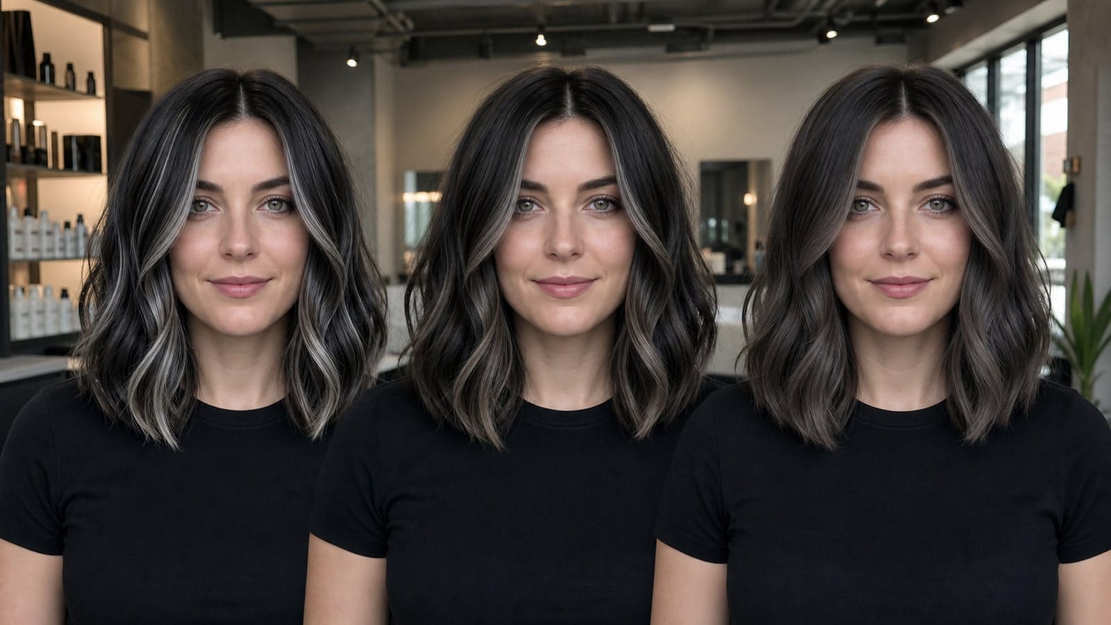 The same woman three times with a matched cool brunette base and crisp, balanced, and muted silver dimension
