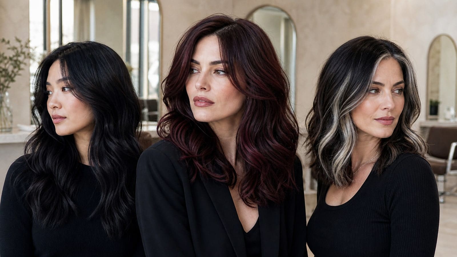 Three women in a salon with blue-black, burgundy, and dark hair with icy silver face-framing ribbons