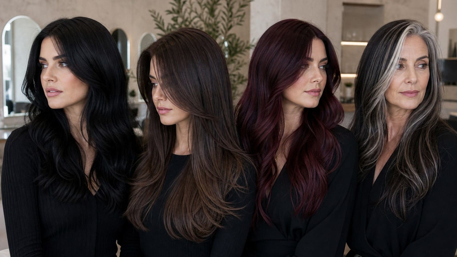 Four women with blue-black, cool brown, burgundy, and dark hair with a natural silver face frame