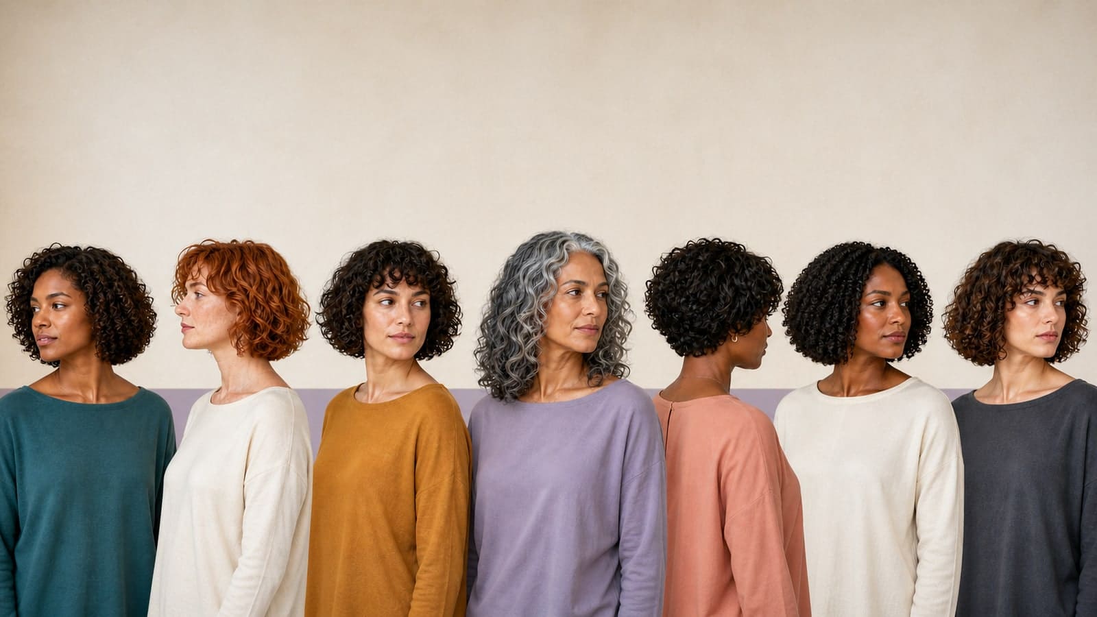 Seven adults in a clean studio showing rounded, layered copper, curly French, silver collarbone, stacked, coily, and curly-fringe bob shapes