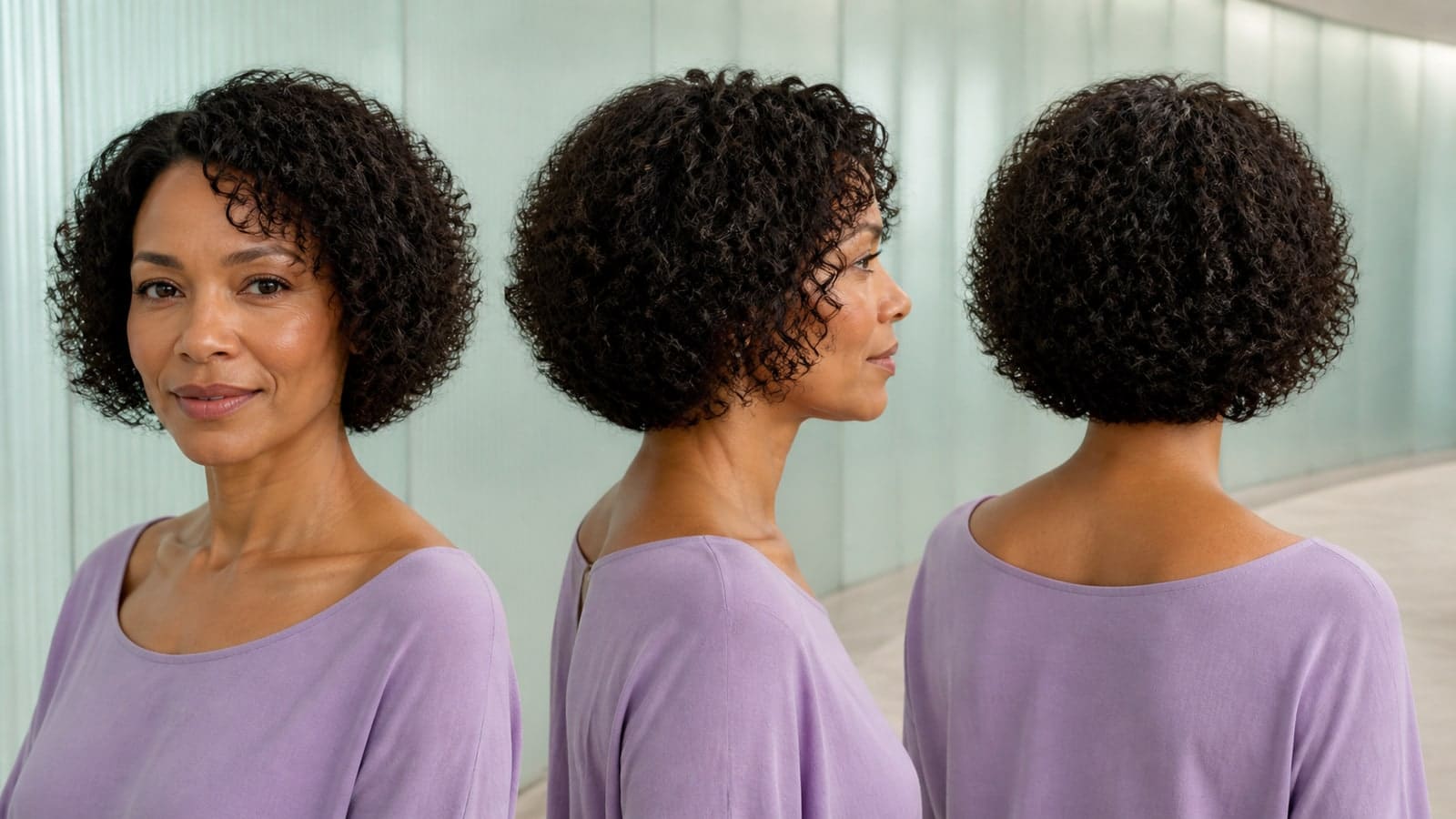 Front, profile, and back views of one rounded dark espresso curly bob with a chin-to-neck dry perimeter, side volume, and soft crown layers