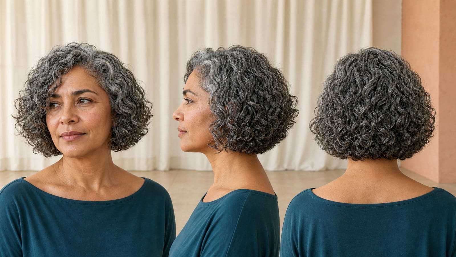 Front three-quarter, profile, and back views of one silver-charcoal neck-length curly bob with a preserved perimeter, cheek-length layers, and lower side volume