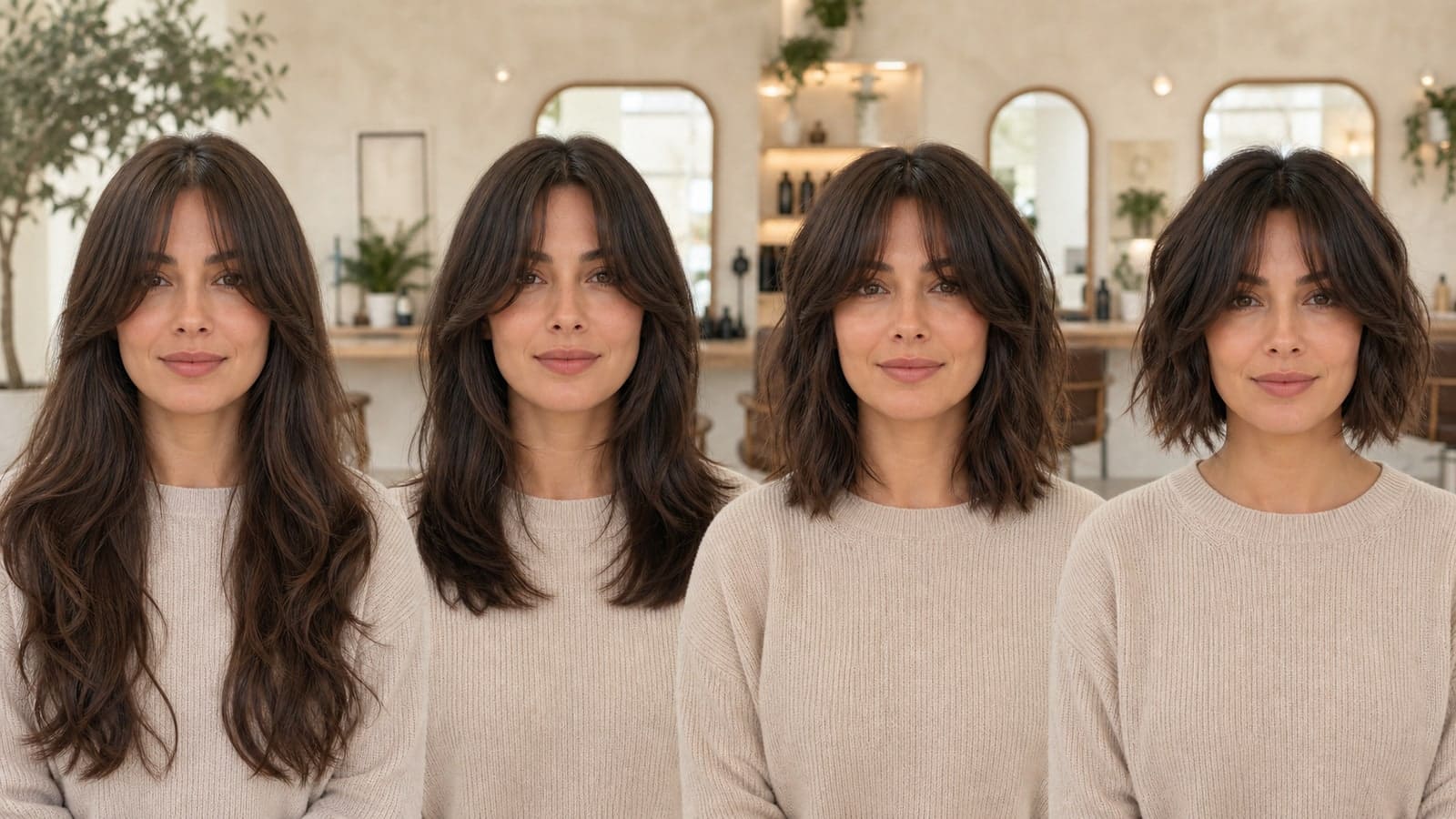 Same-model comparison of curtain bangs: lengths, face shapes, and styling silhouettes in one salon scene
