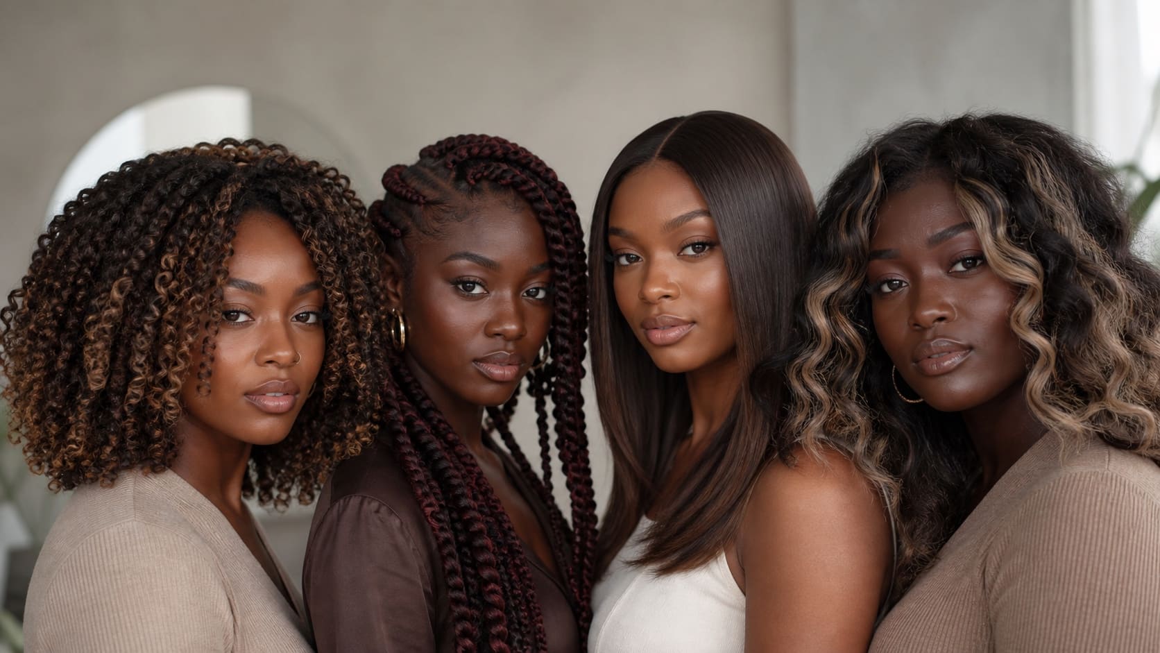 Three women with dark skin wear soft black waves, caramel-ribboned brunette, and deep burgundy hair in one salon scene