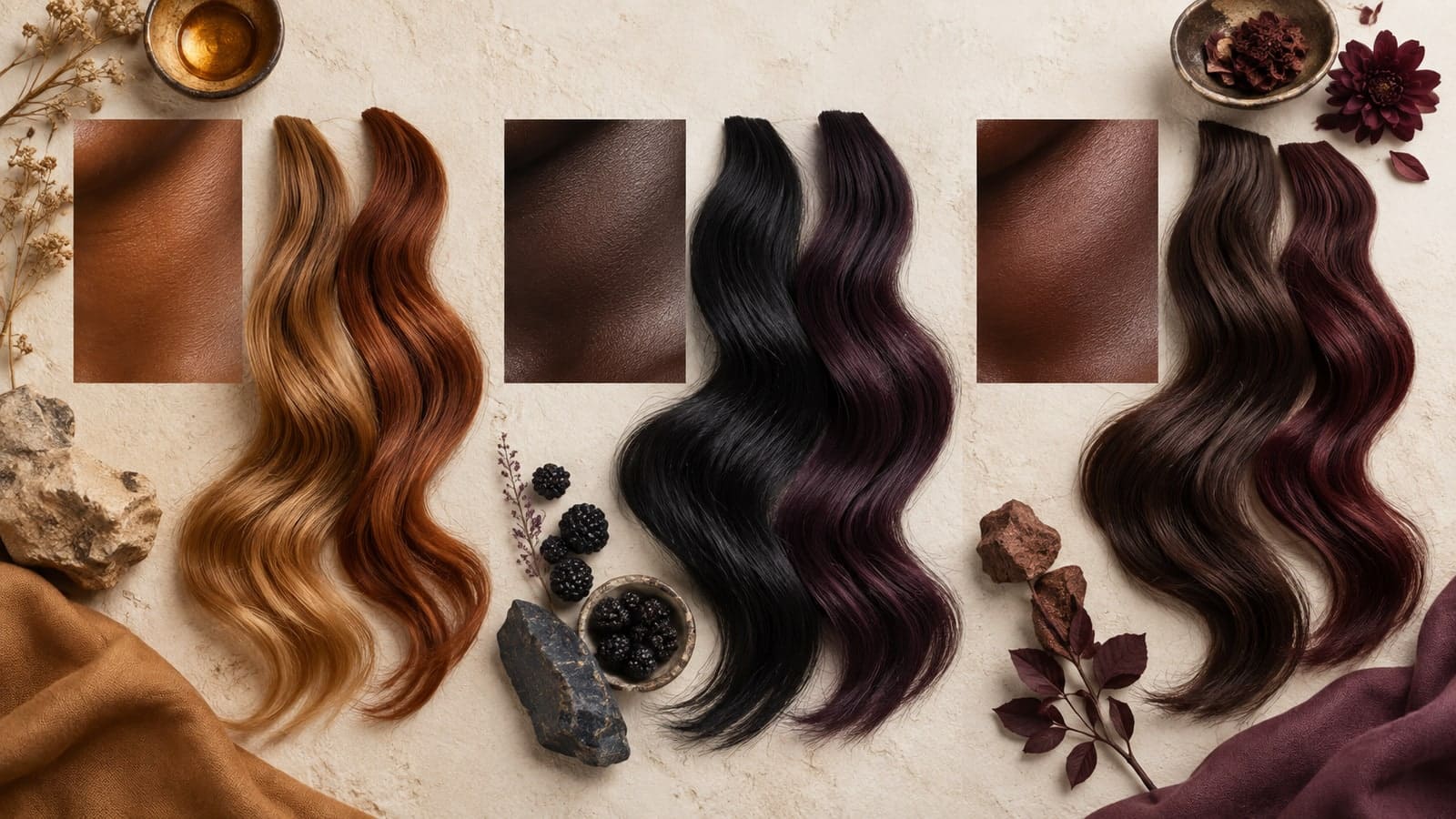 Conceptual board pairs warm golden, cool espresso, and neutral mahogany deep skin tones with honey and copper, blue-black and blackberry, and chocolate and burgundy hair tresses