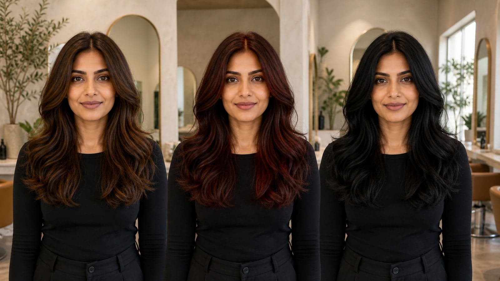The same South Asian woman at equal dark depth with chestnut, mahogany-auburn, and cool near-black hair