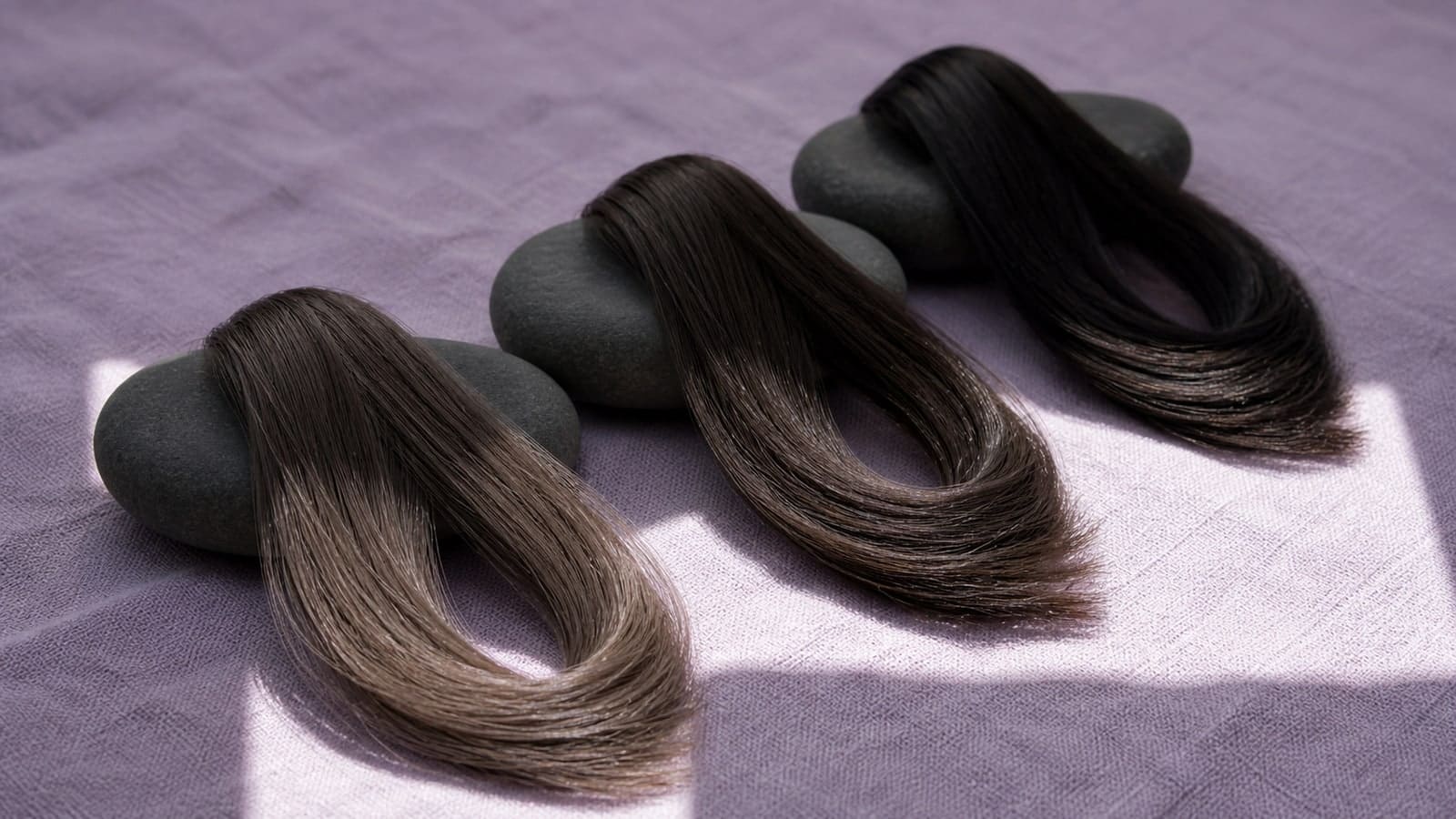 Three equal-depth brunette hair loops in one daylight patch showing softer Cool Summer, muted Deep Summer, and clearer Deep Winter reflections