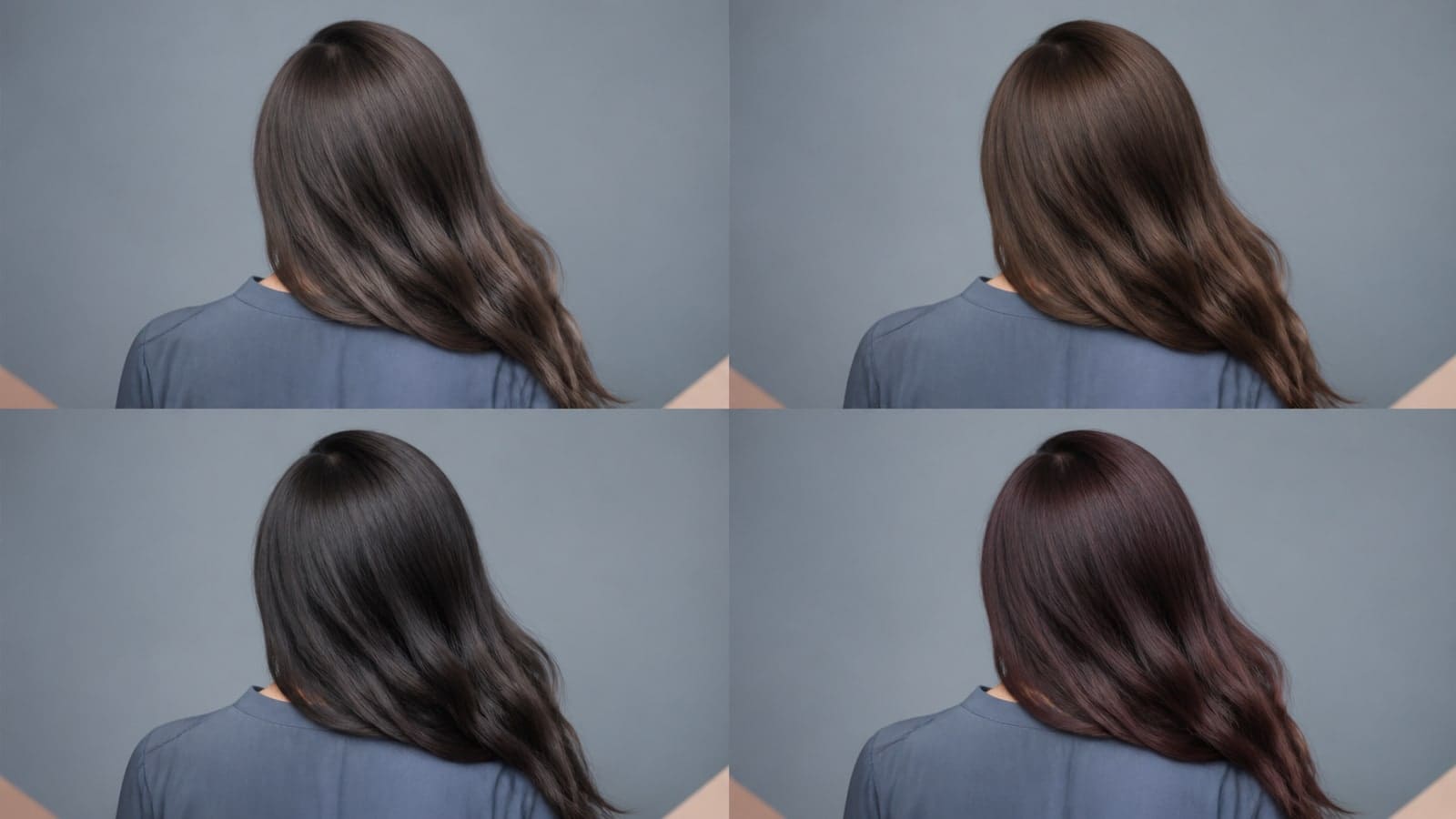 Same woman in four neutral-light rear views with deep ash brown, cool cocoa brown, smoky espresso, and muted burgundy-brown hair