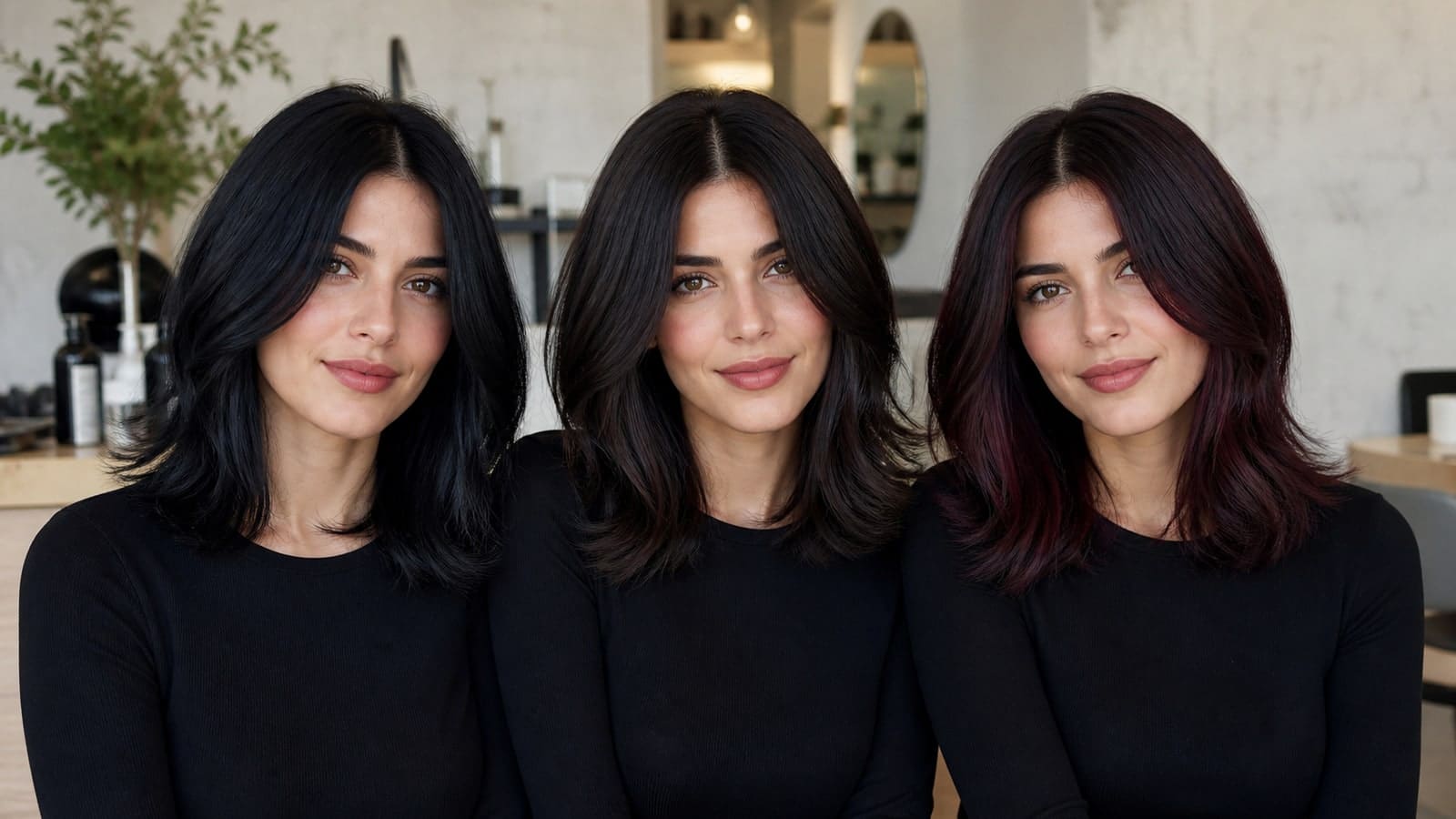 The same woman three times at matching dark depth with blue-black, cool espresso, and black-cherry hair