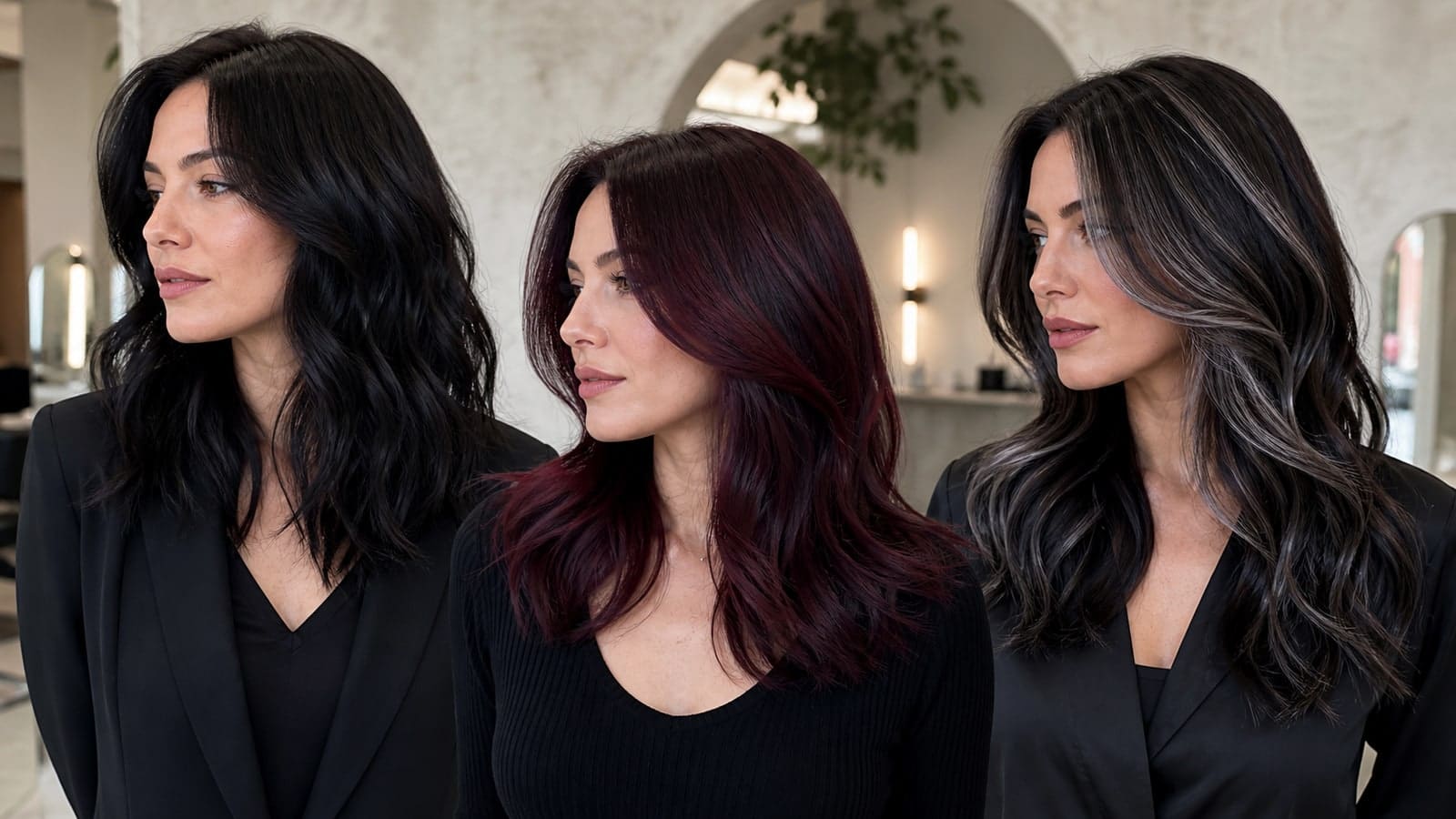 Three women in a salon with blue-black, black-cherry, and dark hair with icy silver ribbons