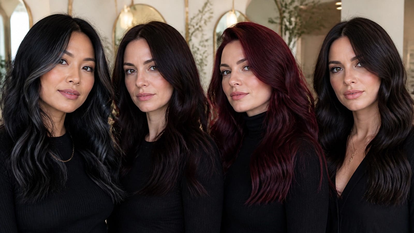 Four women with blue-black, cool espresso, burgundy, and dark cool-brown Deep Winter hair