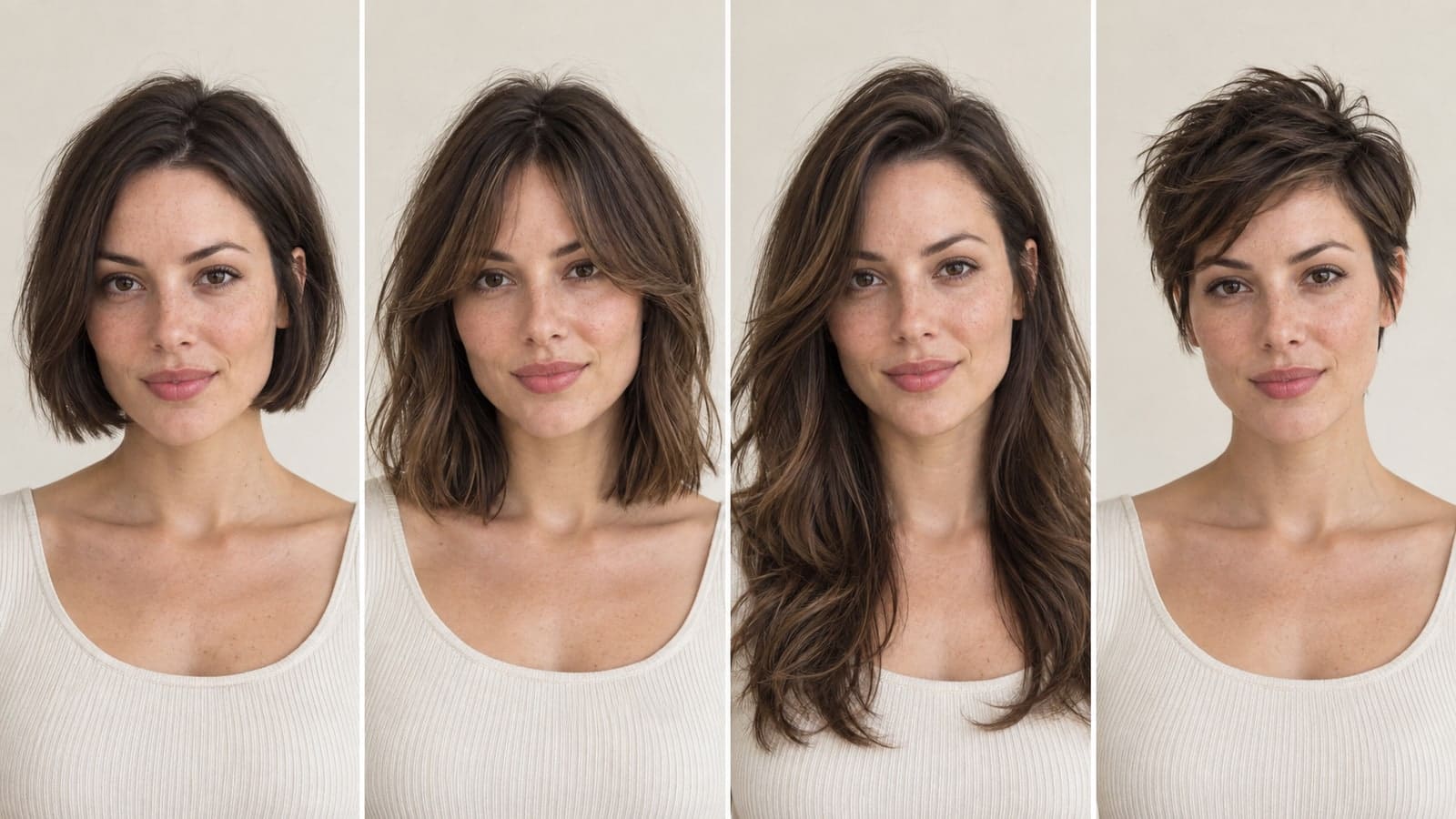 Four views of the same woman with a chin bob, curtain-bang lob, side-parted long layers, and textured pixie