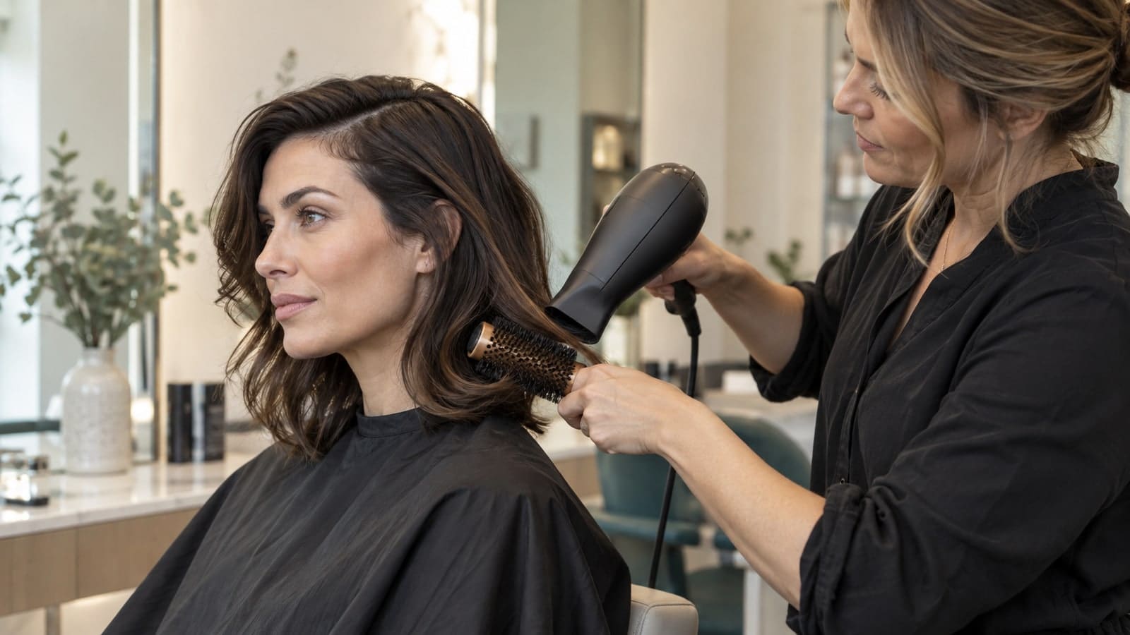 Stylist turns a client's lower side section outward with a round brush and blow dryer while the hair above the cheekbone stays smoother