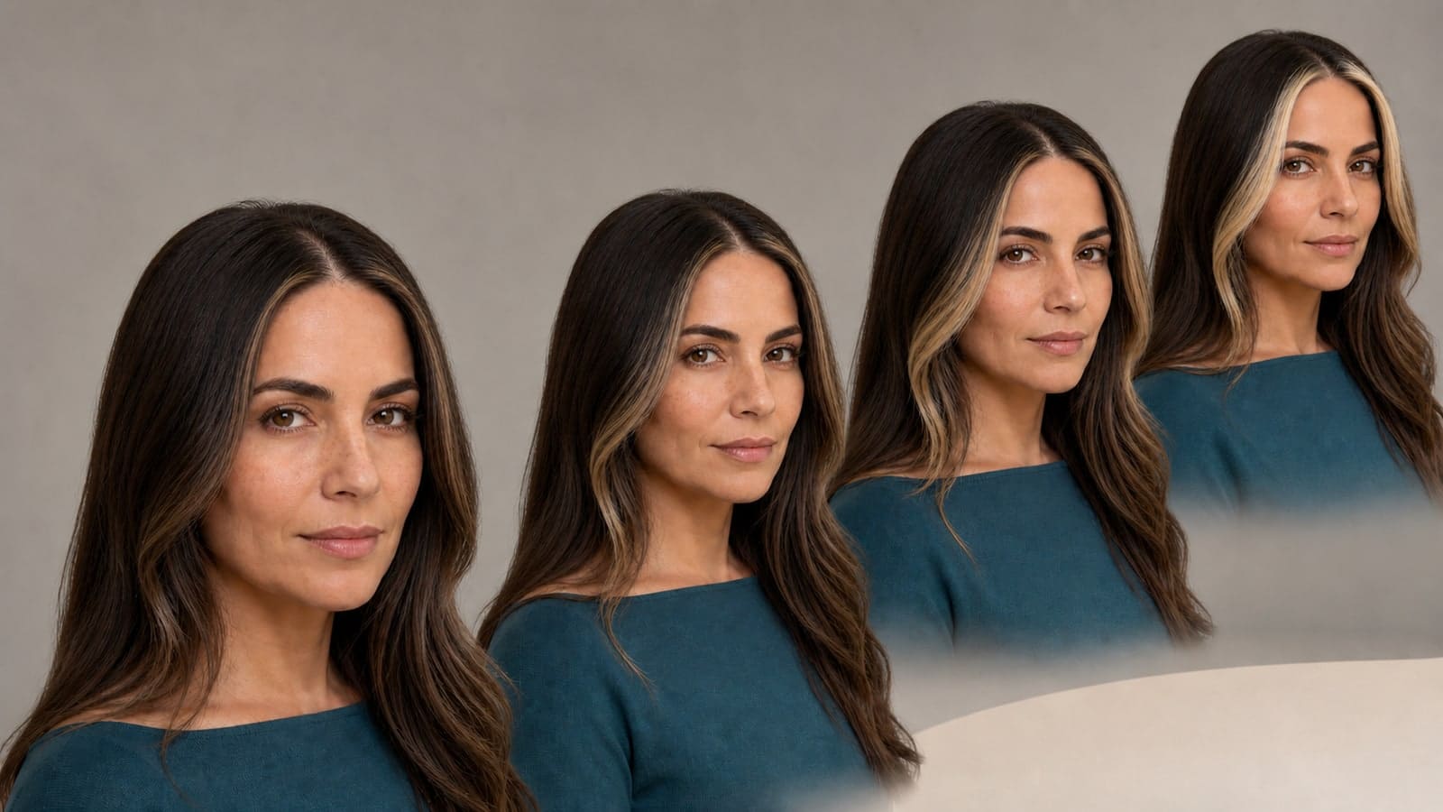 The same brunette model shown with micro, softly blended, balanced, and bold beige-blonde pieces around the front hairline