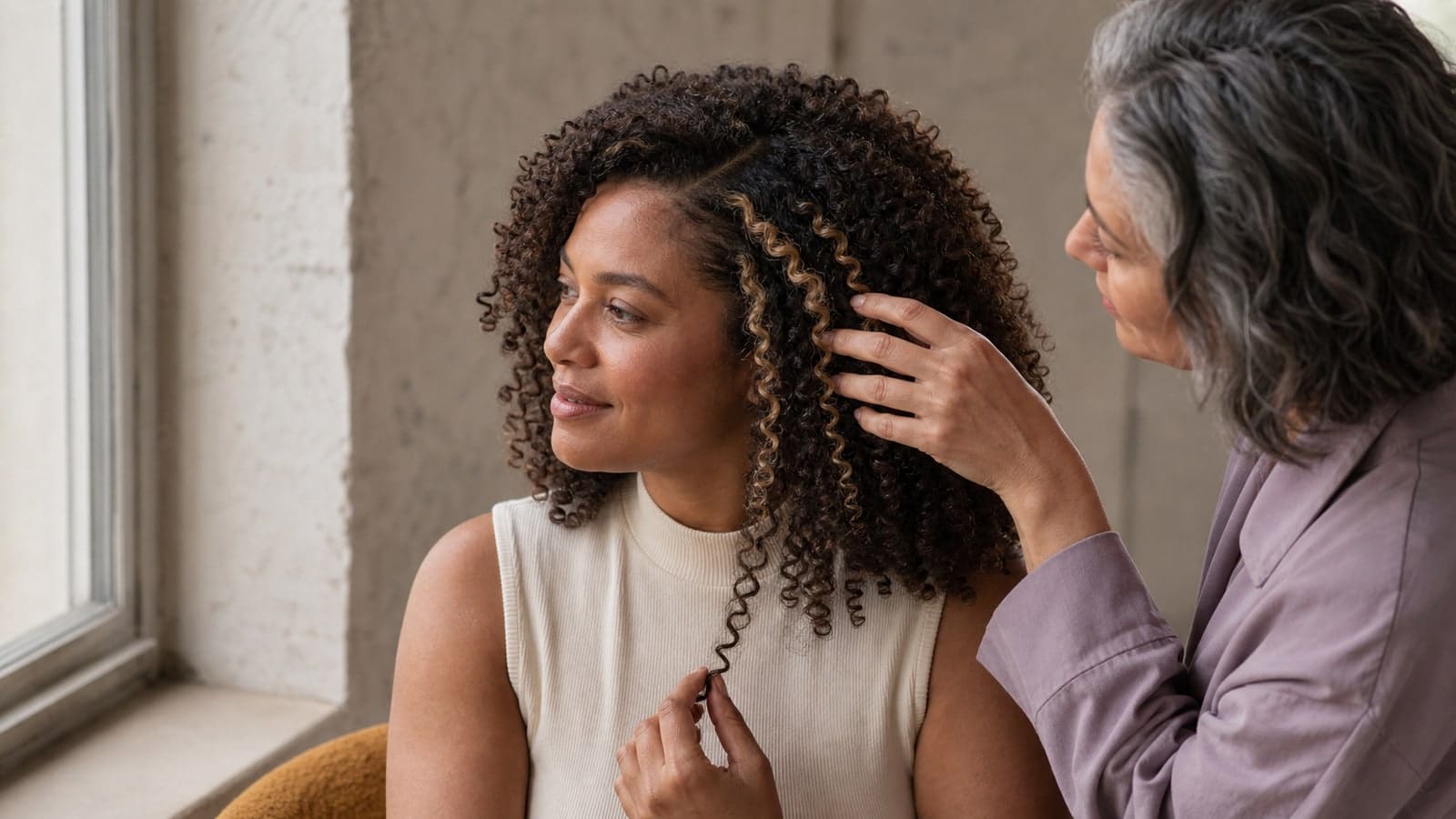 A colorist separates two warm-beige highlighted curl groups at a dark-brown coily hairline while the client holds one tapered curl forward