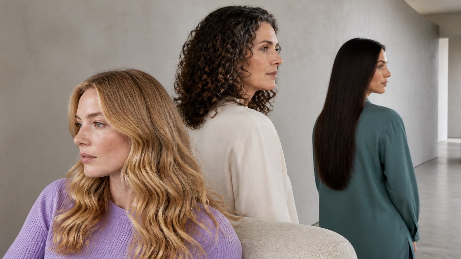 Three adults with fair or pale skin compare golden-beige blonde waves, neutral brunette curls, and cool deep-espresso hair under the same daylight