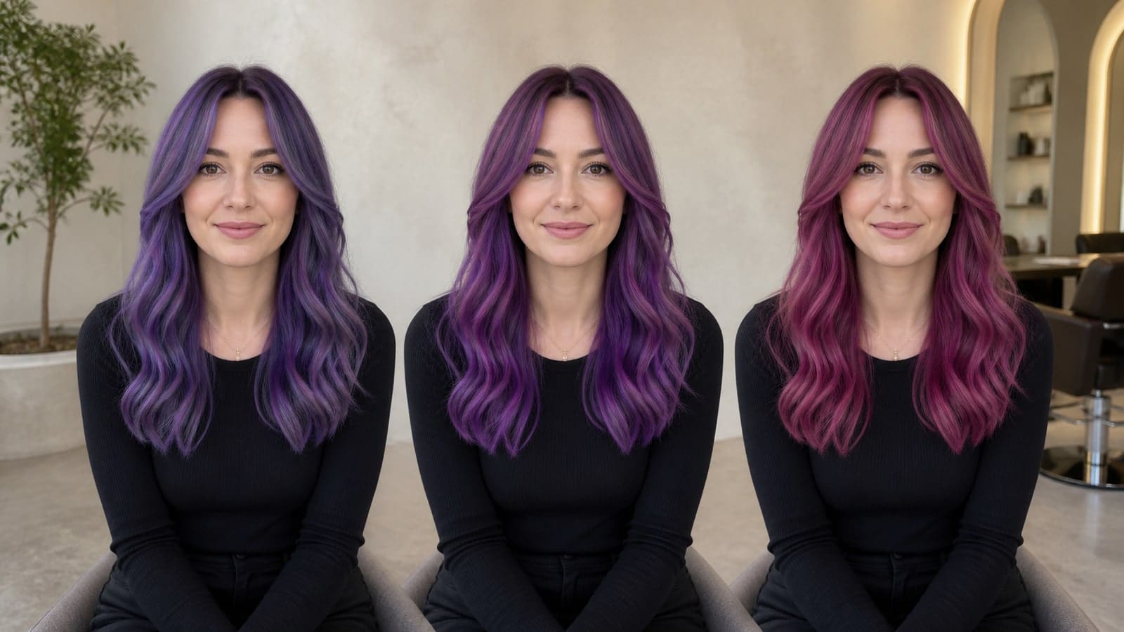 The same woman shown with cool blue-violet, balanced violet, and warm magenta-violet hair at equal depth in one salon