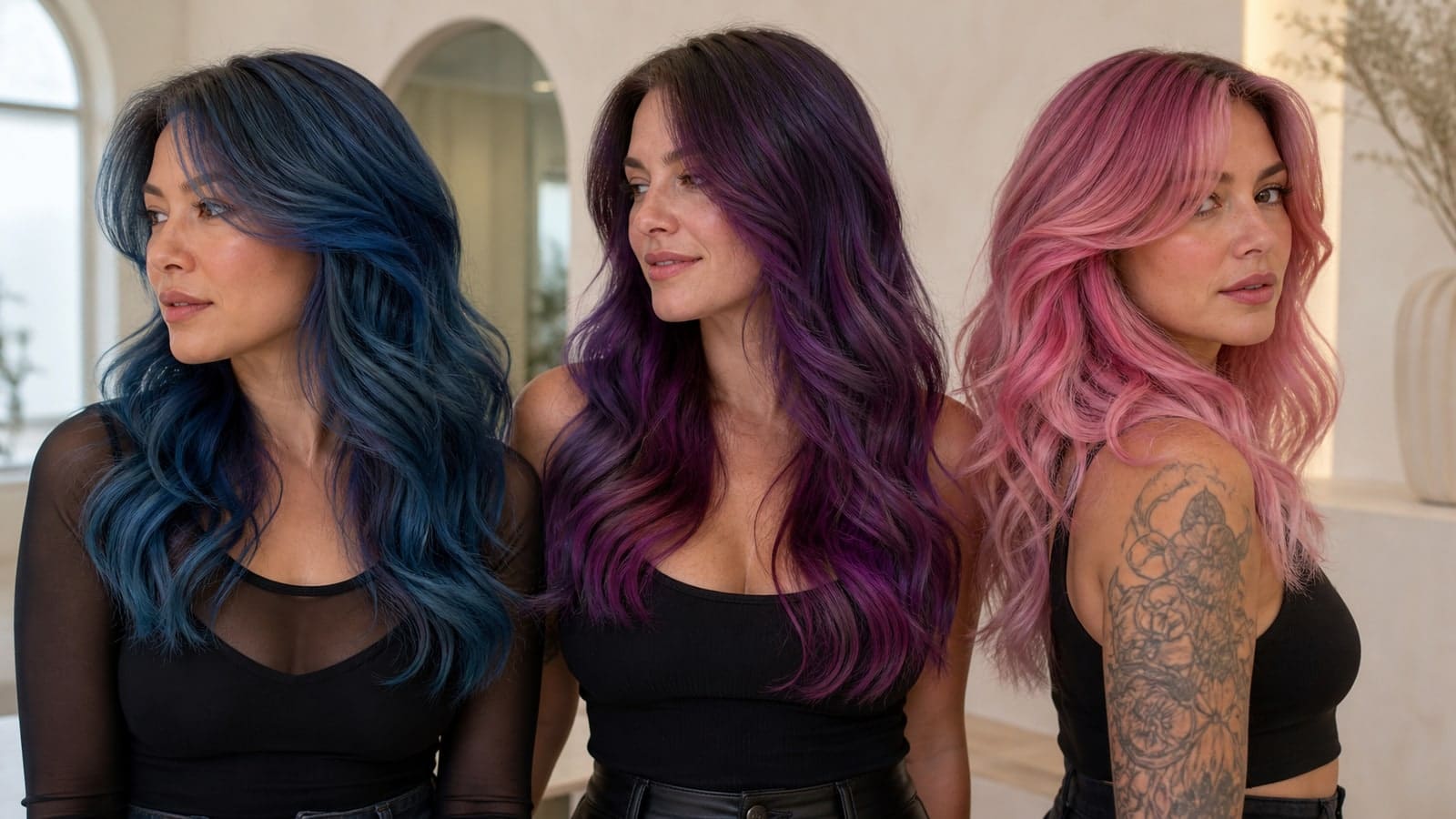 Three women in a salon wear deep blue, violet, and pink fantasy hair