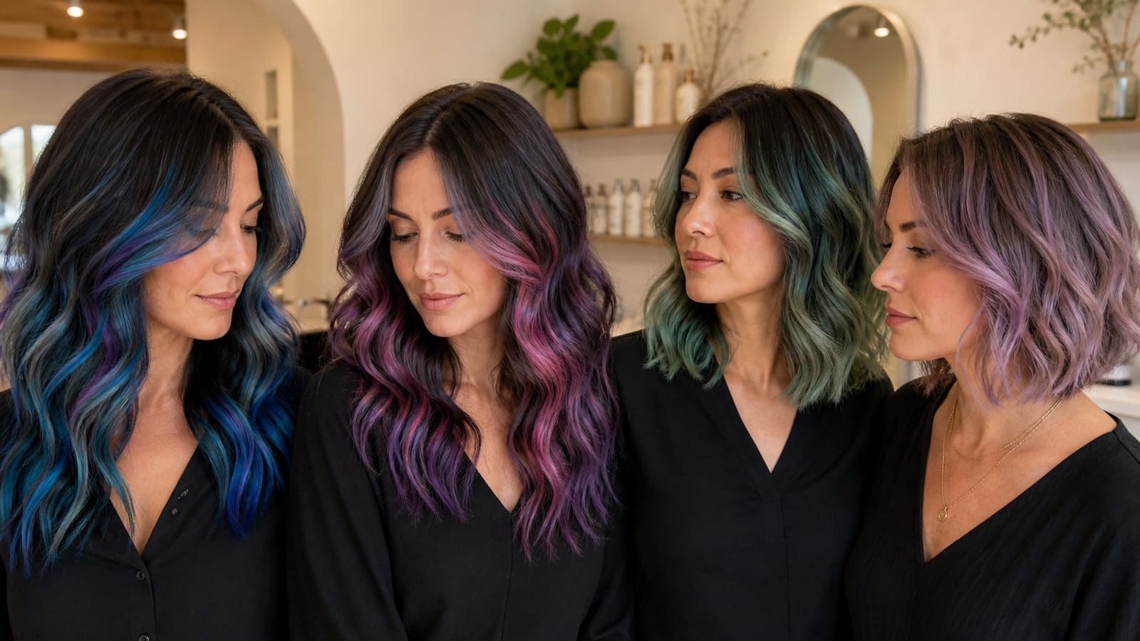 Four women show blue and teal ribbons, purple and pink ribbons, green-teal ends, and a lavender-pink bob over dark roots
