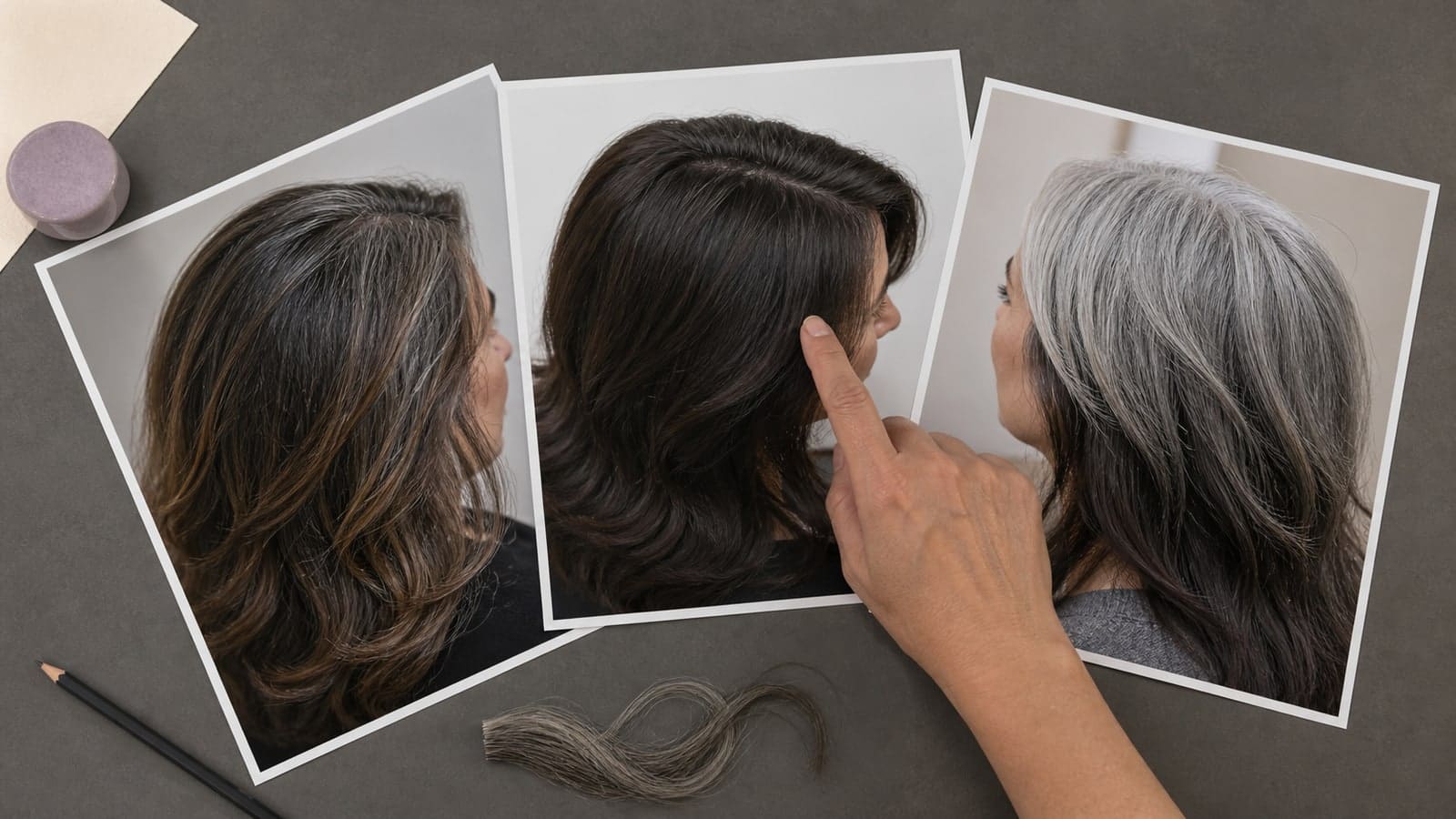 Three consultation photos comparing softly blended gray, opaque brunette coverage, and natural silver grow-out into dark lengths