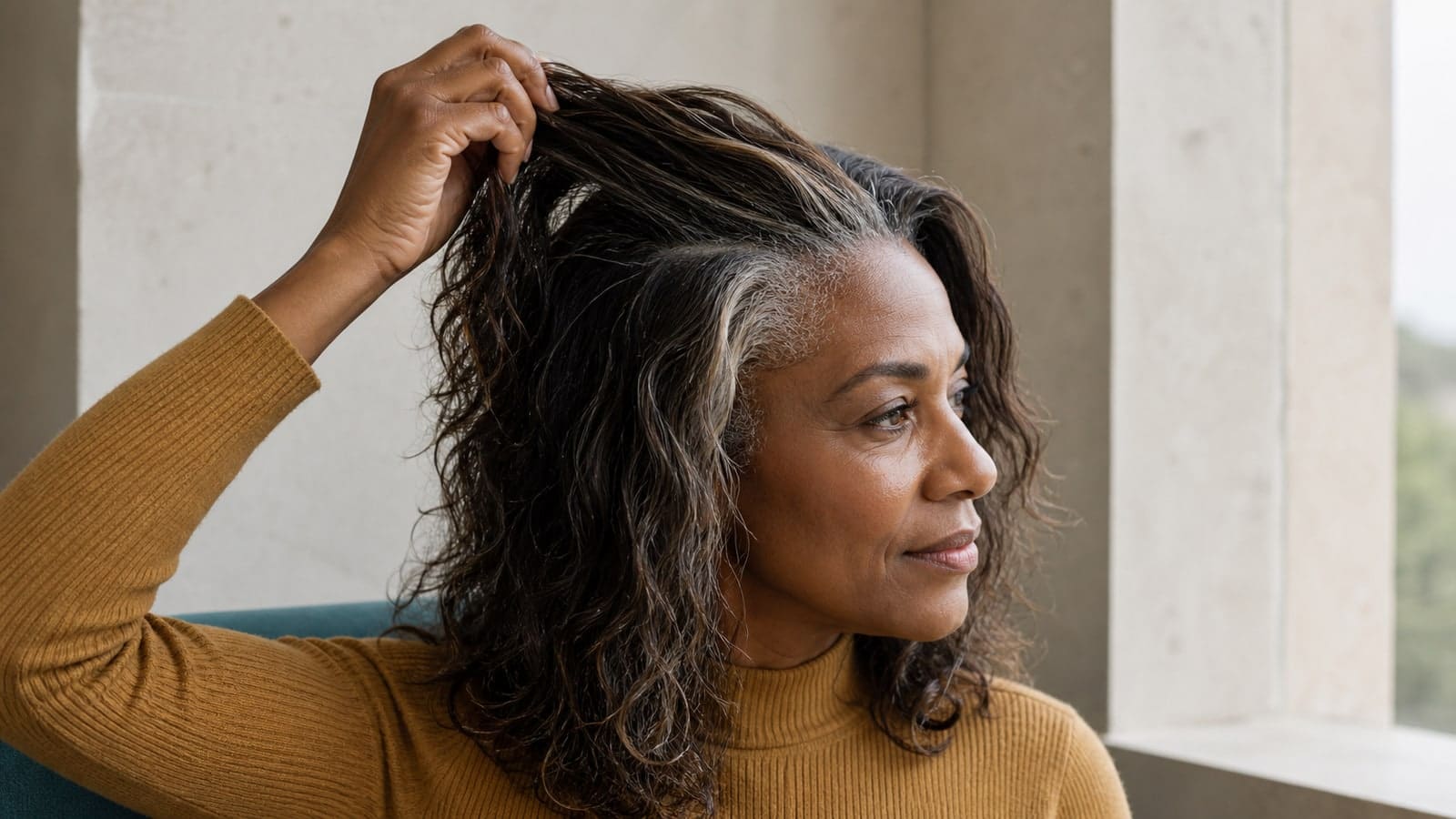 Woman with dark wavy hair lifting a crown section to show fine part highlights, deeper interior lowlights, and a wider silver temple ribbon