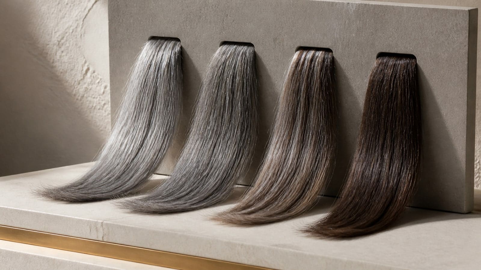 Four realistic gray-and-brunette hair sections showing natural silver, a diffuse blend, dimensional lowlights, and opaque brunette coverage from roots to ends