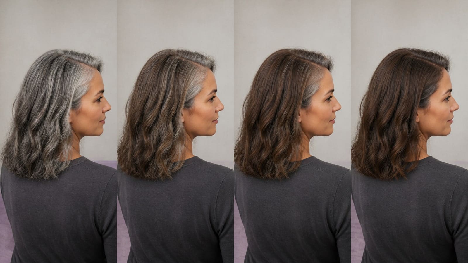 Same woman in four neutral-light views with natural silver visible, softly blended gray, deeper lowlights, and brunette gray coverage