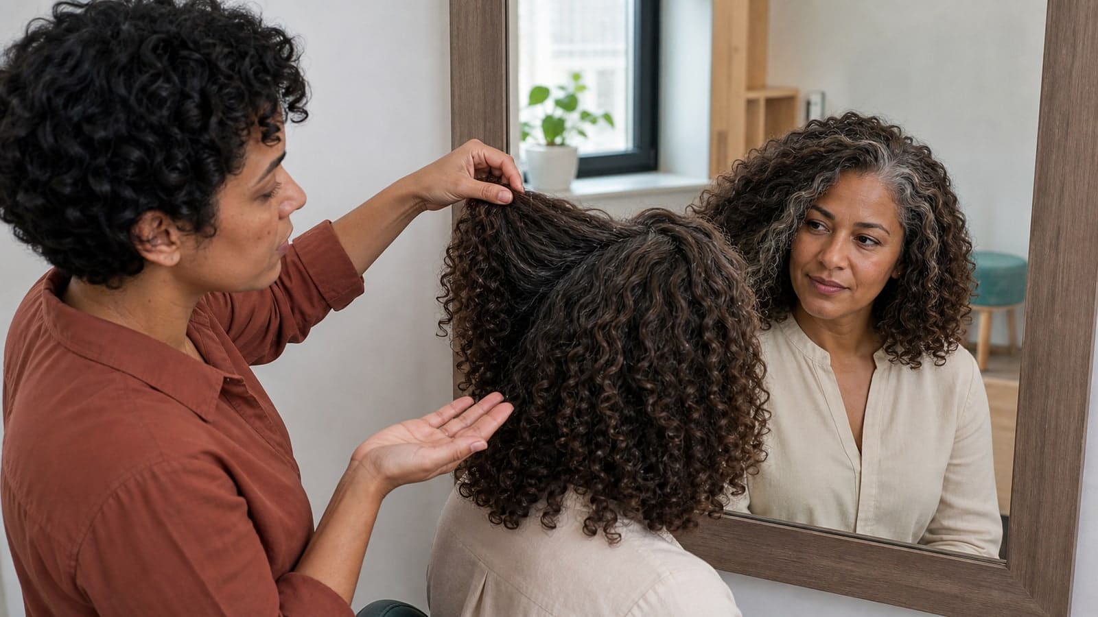 Colorist lifts curly gray-and-brunette sections beside a mirror to compare fine temple blending, a wider silver face frame, and deeper interior lowlights