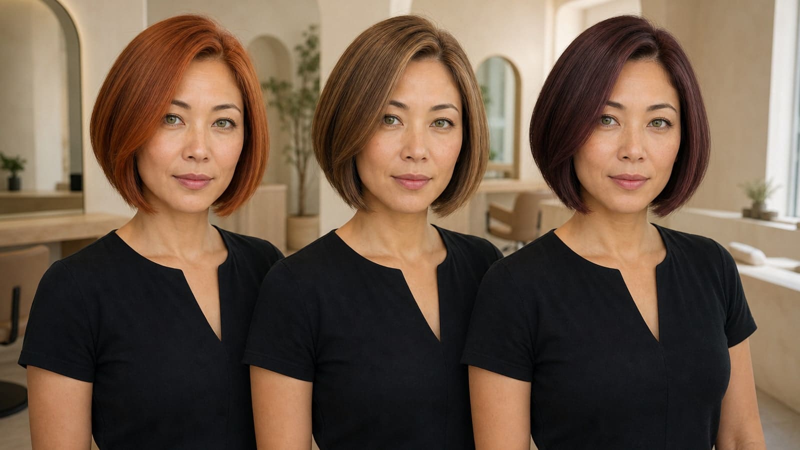 The same green-eyed East Asian woman with a chin-length bob shown in copper-auburn, chestnut-beige, and mocha-burgundy hair under one salon light