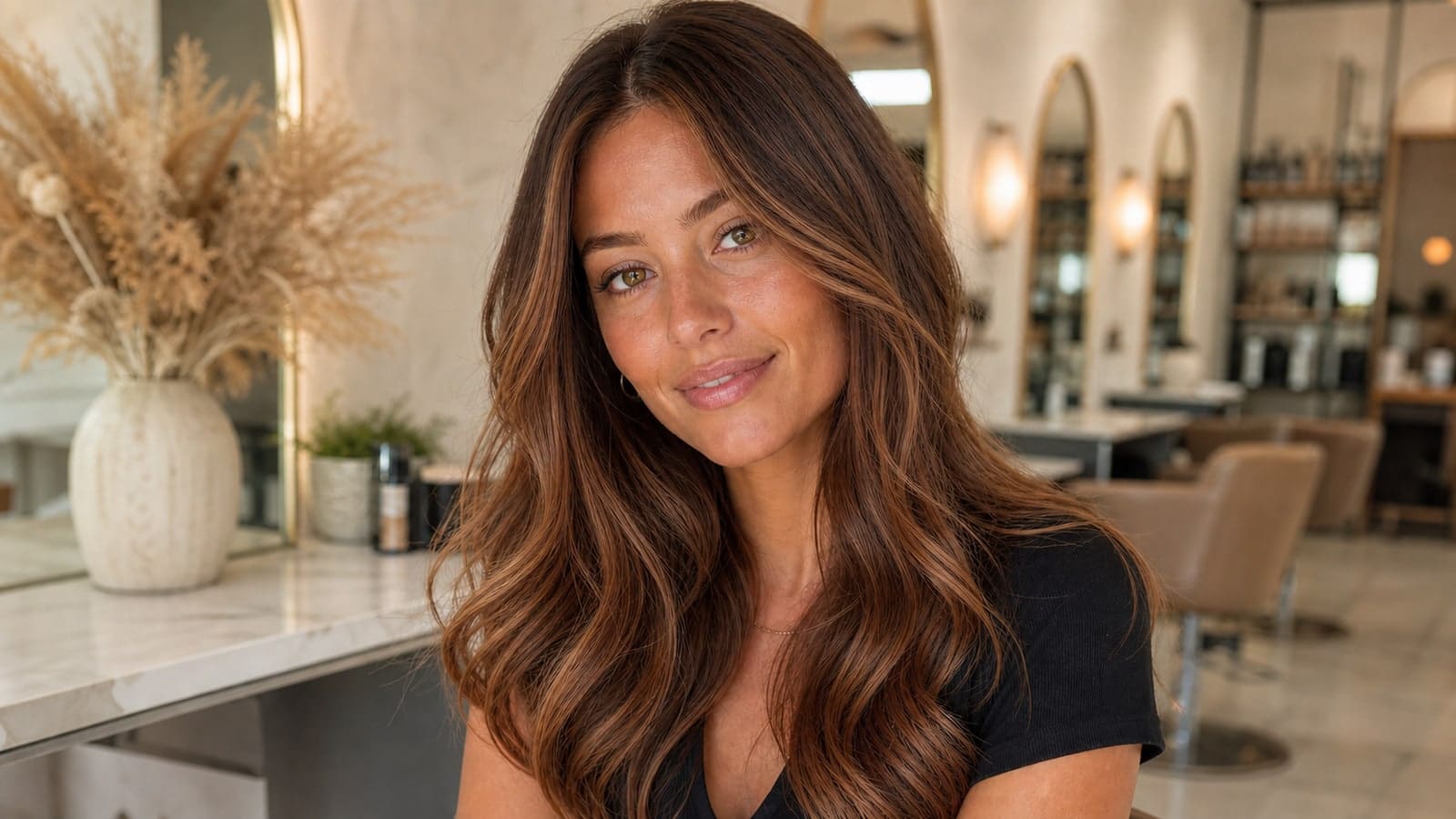 Green-eyed woman with long chestnut hair and restrained copper dimension in a cream salon