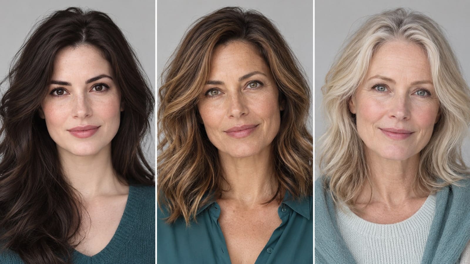 Three-panel studio comparison: dark hair and eyes against fair skin, medium brown hair and hazel eyes with medium skin, and light hair and brows with fair skin