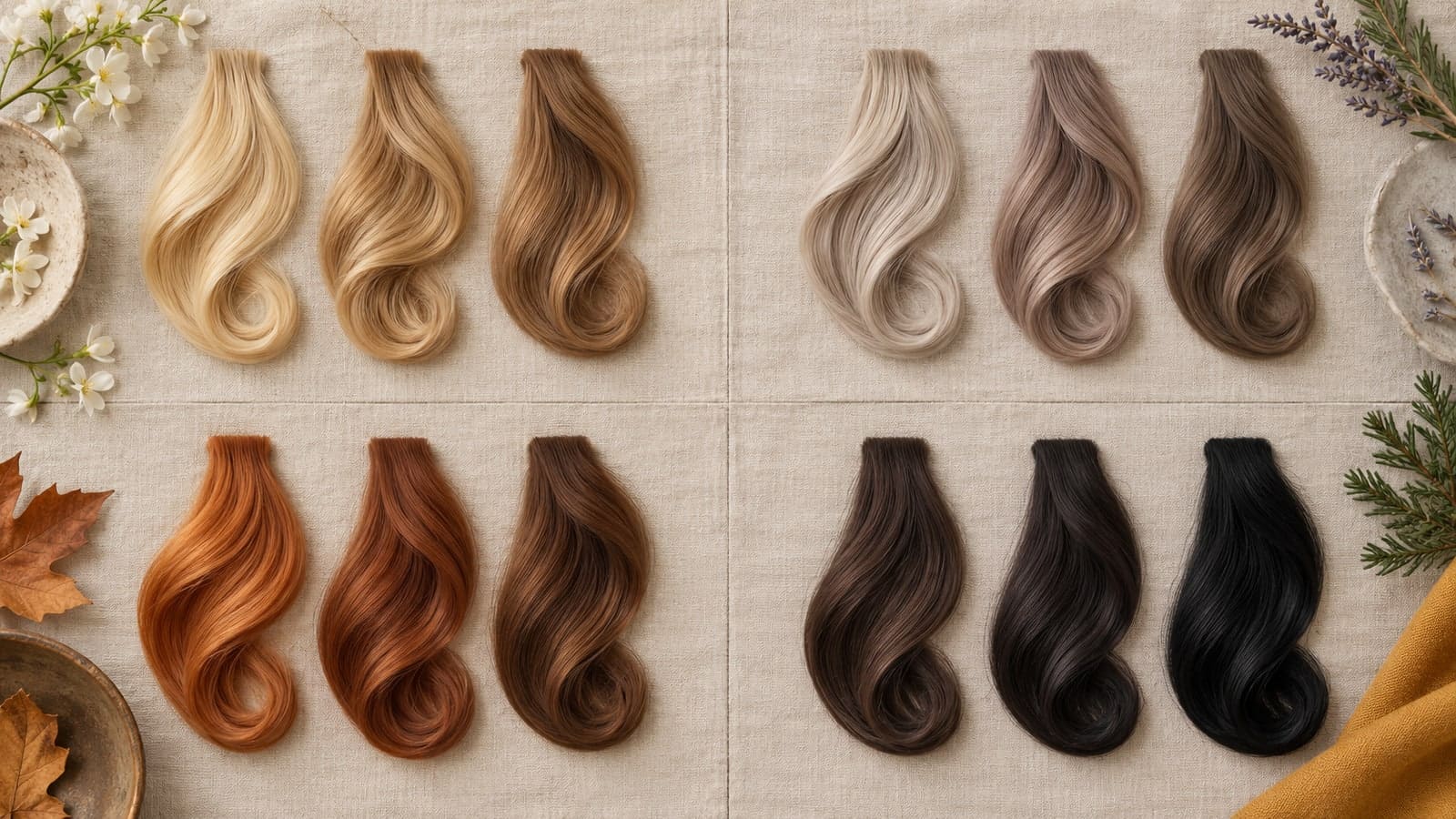 Twelve hair tresses in four groups of three: golden blondes and browns, smoky ash tones, copper and chestnut, and cool dark browns and black