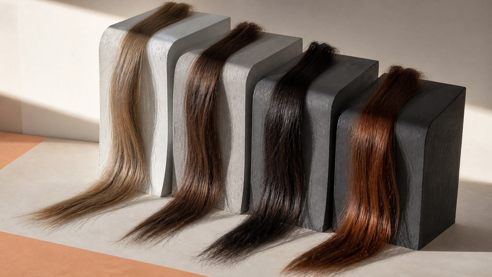 Four realistic hair sections crossing pale-to-charcoal plaster steps under one neutral daylight beam