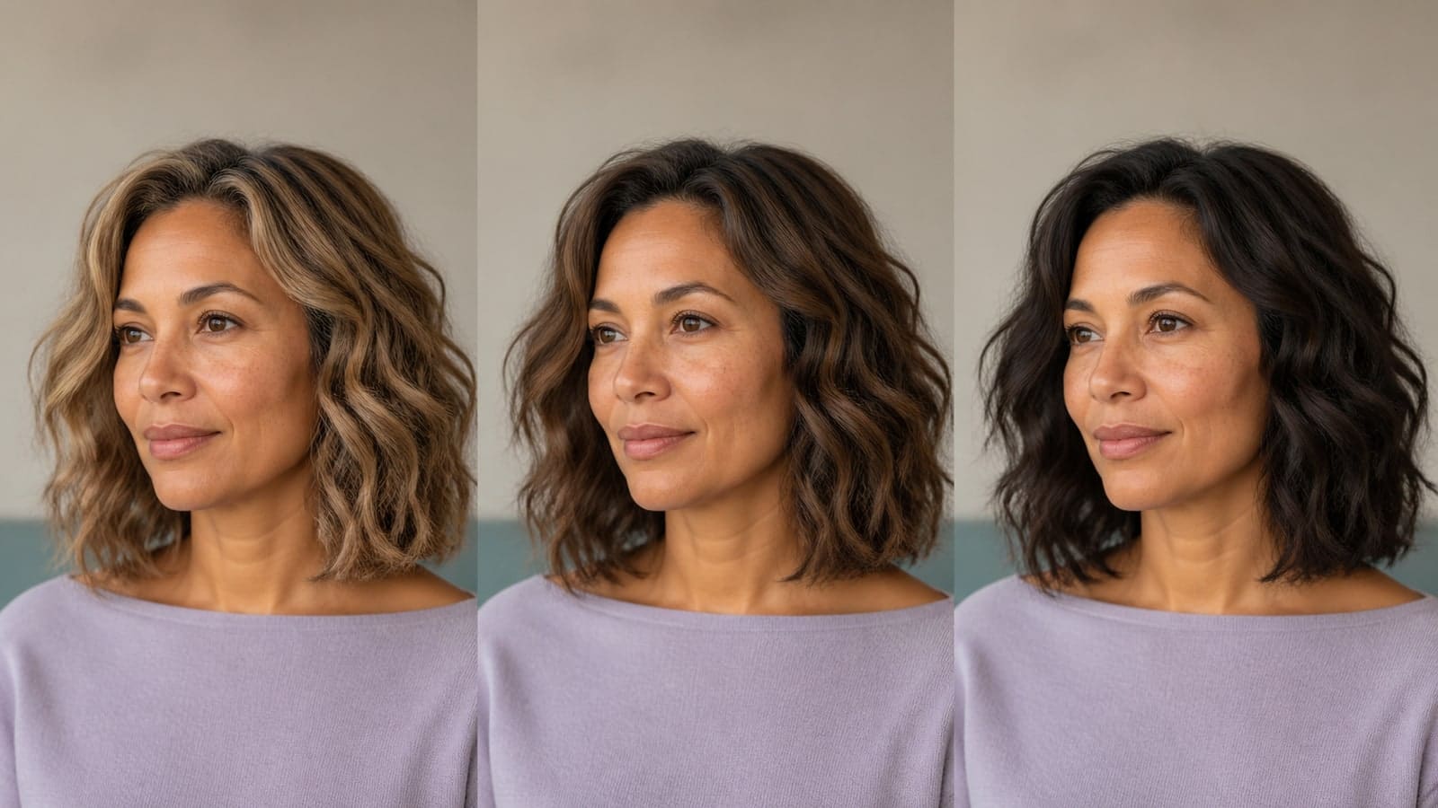 Same woman in three neutral-light views with low, medium, and high depth contrast between her wavy hair, brows, and skin