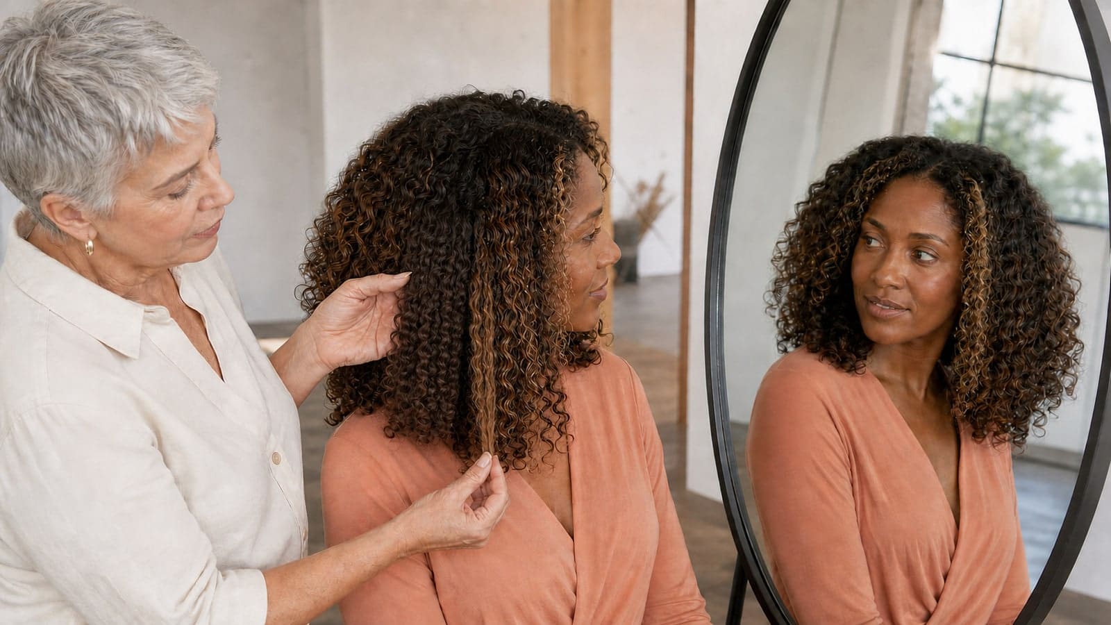 Colorist holds a narrow lighter face-frame ribbon and a wider deeper panel beside a client's unchanged curly brunette base