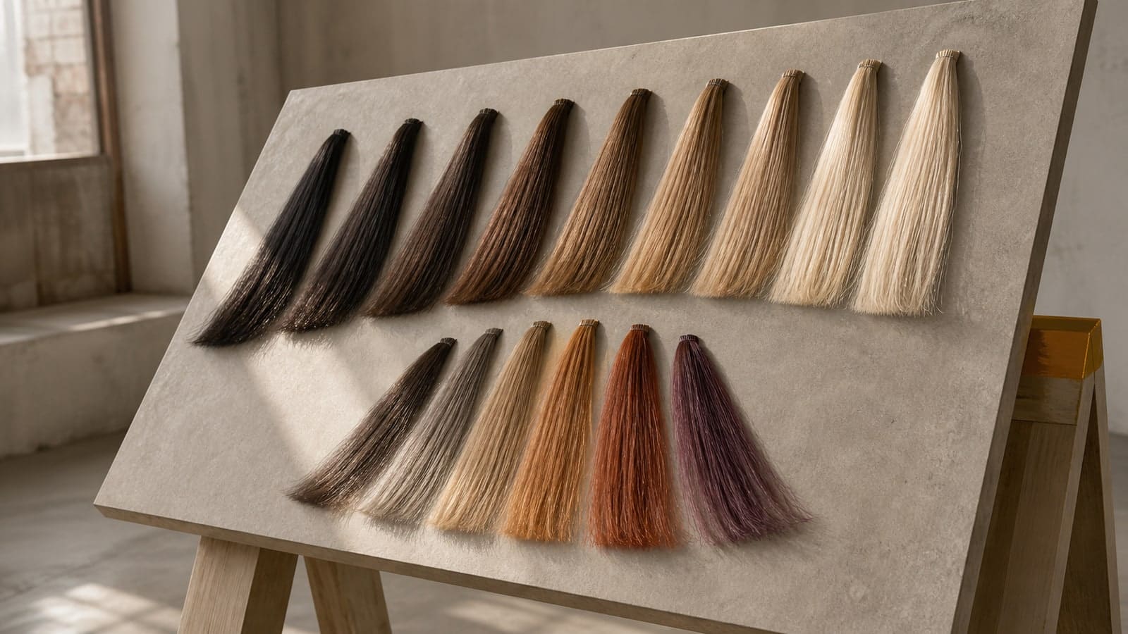 Two groups of real-hair tresses show a dark-to-light depth range and neutral, ash, gold, copper, red, and violet tone directions
